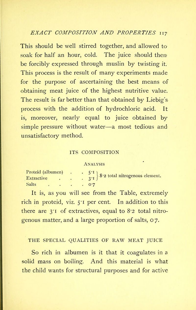 This should be well stirred together, and allowed to soak for half an hour, cold. The juice should then be forcibly expressed through muslin by twisting it. This process is the result of many experiments made for the purpose of ascertaining the best means of obtaining meat juice of the highest nutritive value. The result is far better than that obtained by Liebig's process with the addition of hydrochloric acid. It is, moreover, nearly equal to juice obtained by simple pressure without water—a most tedious and unsatisfactory method. It is, as you will see from the Table, extremely rich in proteid, viz. 5*1 per cent. In addition to this there are 3*1 of extractives, equal to 8'2 total nitro- genous matter, and a large proportion of salts, 07. THE SPECIAL QUALITIES OF RAW MEAT JUICE So rich in albumen is it that it coagulates in a solid mass on boiling. And this material is what the child wants for structural purposes and for active ITS COMPOSITION Analysis Proteid (albumen) Extractive Salts I 8-2 total nitro( 07 )genous element.