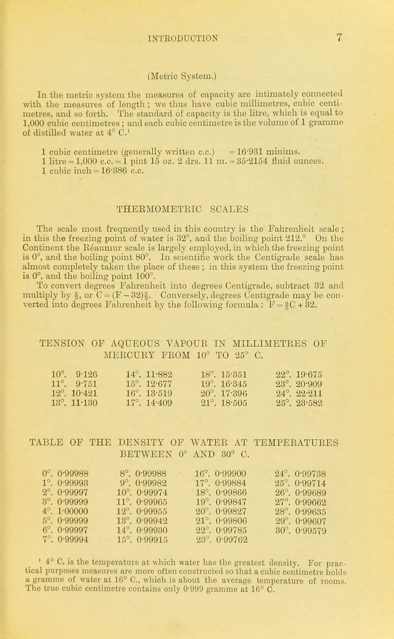 (Metric System.) In the metric system the measures of capacity are intimately coimected with tlie measures of lengtli; we thus have cubic milUmetres, cubic centi- metres, and so forth. The standard of capacity is the htre, which is equal to 1,000 cubic centimetres; and each cubic centimetre is the volume of 1 gramme of distilled water at 4° C 1 cubic centimetre (generally' written c.c.) = 16'931 mmims. 1 litre = 1,000 c.c. = 1 pint 15 oz. 2 drs. 11 m. = 35-2154 fluid ounces. 1 cubic inch = 16'386 c.c. THERMOMETKIC SCALES The scale most frequently used ui this country is the Fahrenheit scale ; in this the freezing point of water is 82°, and the boiling pomt 212.° On the Continent the Reaumur scale is largely employed, m which the freezing point is 0°, and the boiling point 80°. In scientific work the Centigrade scale has almost completely taken the place of these ; in this system the freezing point is 0°. and the boiling point 100°. To convert degrees Fahrenheit into degrees Centigrade, subtract 32 and multiply by f, or C = (F - 32)f. Conversely, degrees Centigrade may be con- verted into degrees Fahrenheit by the following formula : F = f C + 32. TENSION OF AQUEOUS VAPOUR IN MILLIMETRES OF MERCURY FROM 10° TO 25° C. 10°. 9-126 14°. 11-882 18°. 15-351 22°. 19-675 11°. 9-751 15°. 12-677 19°. 16-345 23°. 20-909 12°. 10-421 16°. 13-519 20°. 17-396 24°. 22-211 13°. 11-130 17°. 14-409 21°. 18-505 25°. 23-582 DENSITY OF WATER AT BETWEEN 0° AND 30° C. TABLE OF THE 0°. 0-99988 1°. 0-99993 2°. 0-99997 8°. 0-99999 4°. 1-00000 5°. 0-99999 6°. 0-99997 7°. 0-99994 8°. 0-99988 9°. 0-99982 10°. 0-99974 11°. 0-99965 12°. 0-99955 13°. 0-99942 14°. 0-99930 15°. 0-99915 16°. 0-99900 17°. 0-99884 18°. 0-99866 19°. 0-99847 20°. 0-99827 21°. 0-99806 22°. 0-99785 23°. 0 99702 TEMPERATURES 24°. 0-99738 25°. 0-99714 26°. 0-99689 27°. 0-99662 28°. 0-99635 29°. 0-99607 30°. 0-99579 ' 4° C. is the temperature at wliich water has the greatest density. For prac- tical purposes measures are more often construcled so that a cubic centimetre holds a gramme of water at 10° C, which is about the average temperature of rooms. The true cubic centimetre contains only 0-'.)!)!) gramme at 1G° C.