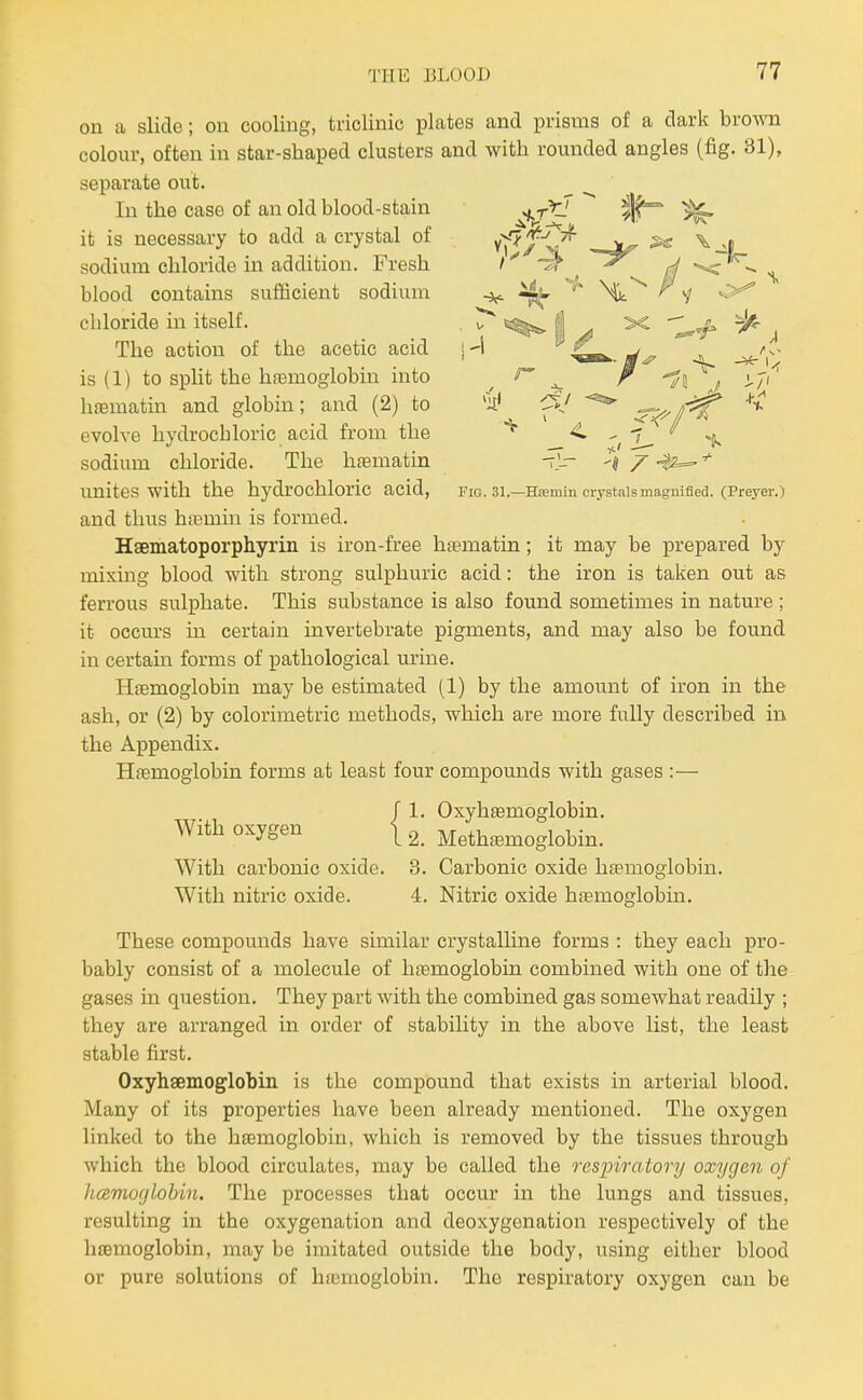 on a slide; on cooling, triclinic plates and prisms of a dark bro^voi colour, often in star-shaped clusters and with rounded angles (fig. 31), separate out. In the case of an old blood-stain it is necessary to add a crystal of sodium chloride in addition. Fresh blood contains sufficient sodium chloride in itself. The action of the acetic acid is (1) to split the hfemoglobin into haematin and globin; and (2) to evolve hydrochloric acid from the sodium chloride. The htematin unites with the hydrochloric acid, and thus hfemin is formed. Haematoporphyrin is iron-free haematin; it may be prepared by mixing blood with strong sulphuric acid: the iron is taken out as ferrous sulphate. This substance is also found sometimes in nature ; it occurs in certain invertebrate pigments, and may also be found in certain forms of pathological urine. Haemoglobin may be estimated (1) by the amount of iron in the ash, or (2) by colorimetric methods, which are more fully described in the Appendix. Hfemoglobin forms at least four compounds with gases :— J 1. Oxyhfemoglobin. With oxygen [ 3. Methtemoglobin. With carbonic oxide. 3. Carbonic oxide hfemoglobin. With nitric oxide. 4. Nitric oxide hfemoglobin. These compounds have similar crystalline forms : they each pro- bably consist of a molecule of hfemoglobin combined with one of the gases in question. They part with the combined gas somewhat readily ; they are arranged in order of stability in the above list, the least stable first. Oxyhsemoglobin is the compound that exists in arterial blood. Many of its properties have been already mentioned. The oxygen linked to the haemoglobin, which is removed by the tissues through which the blood circulates, may be called the resinratory oxygen of hcBmorjlobin. The processes that occur in the lungs and tissues, resulting in the oxygenation and deoxygenation respectively of the haemoglobin, may be imitated outside the body, using either blood or pure solutions of haemoglobin. The respiratory oxygen can be -T.L- ^1 z Fig. 31.—Htemin crystals magnified. (Preyer.)