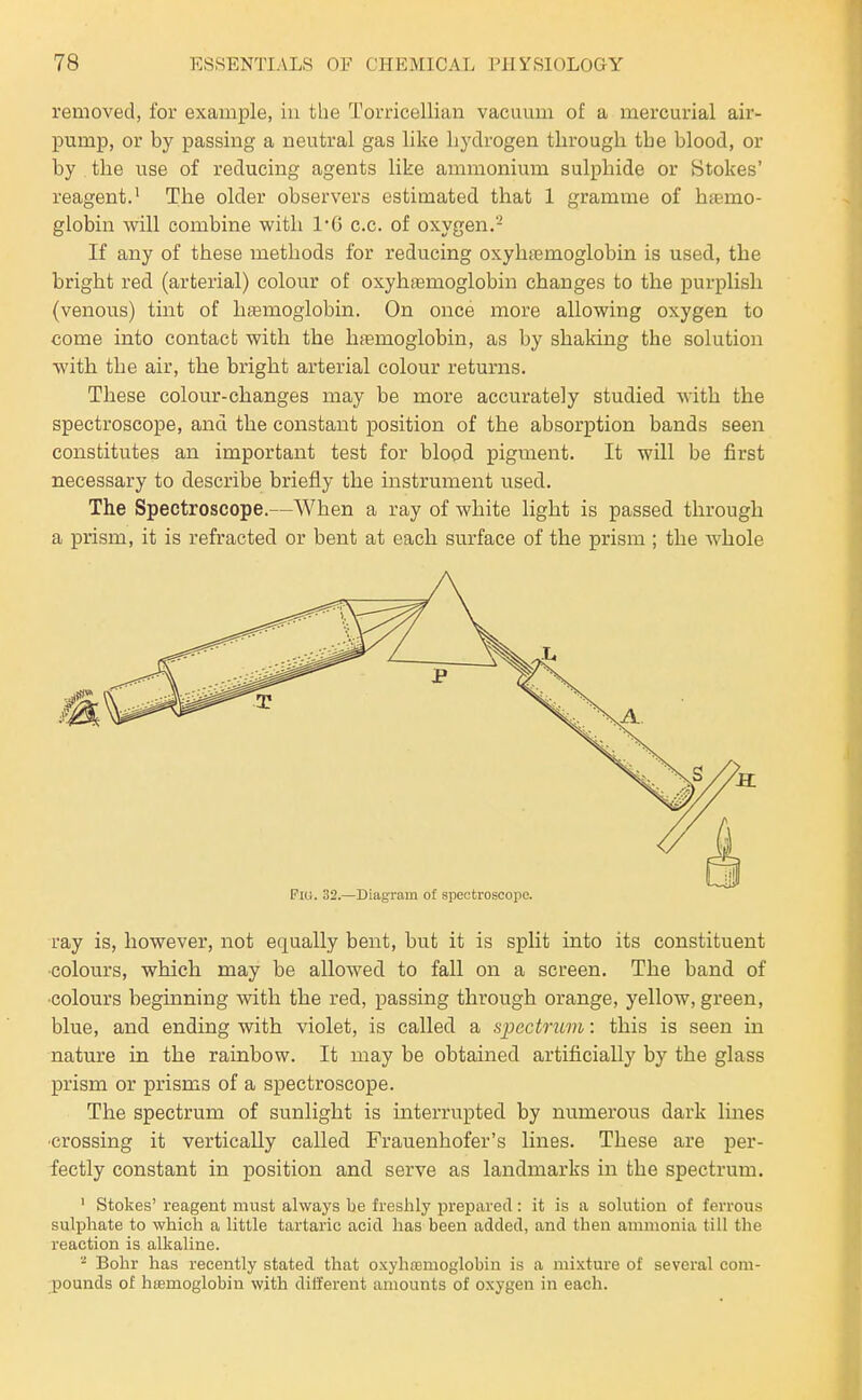 removed, for example, in the Torricellian vacuum of a mercurial air- pump, or by passing a neutral gas like hydrogen through the blood, or by the use of reducing agents like ammonium sulphide or Stokes' reagent.' The older observers estimated that 1 gramme of hasmo- globin will combine with 1G c.c. of oxygen.- If any of these methods for reducing oxyhiismoglobin is used, the bright red (arterial) colour of oxyhtemoglobin changes to the purplish (venous) tint of htemoglobin. On once more allowing oxygen to come into contact with the hfemoglobin, as by shaking the solution with the air, the bright arterial colour returns. These colour-changes may be more accurately studied with the spectroscope, and the constant position of the absorption bands seen constitutes an important test for blood pigment. It will be first necessary to describe briefly the instrument used. The Spectroscope.—When a ray of white light is passed through a prism, it is refracted or bent at each surface of the prism ; the whole Pio. 32.—Diagram of spectroscope. ray is, however, not equally bent, but it is split into its constituent colours, which may be allowed to fall on a screen. The band of •colours beginning with the red, passing through orange, yellow, green, blue, and ending with violet, is called a spectrum: this is seen in nature in the rainbow. It may be obtained artificially by the glass prism or prisms of a spectroscope. The spectrum of sunlight is interrupted by numerous dark lines ■crossing it vertically called Frauenhofer's lines. These are per- fectly constant in position and serve as landmarks in the spectrum. ' Stokes' reagent must always be freshly prepared: it is a solution of ferrous sulphate to which a little tartaric acid has been added, and then ammonia till the reaction is alkaline. Bohr has recently stated that oxyhemoglobin is a mixture of several com- pounds of hsemoglobin with dilierent amounts of oxygen in each.