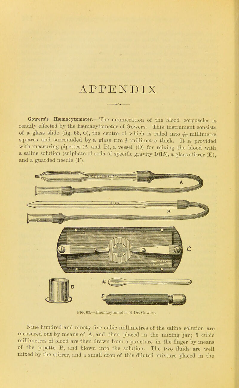 APPENDIX Gowers's Haemacytometer.—The enumeration of the blood corpuscles is readily effected by the haemacytometer of GoM'ers. This instrmnent consists of a glass shde (fig. 63, C), the centre of which is ruled into ^ millimetre squares and surrounded by a glass rim ^ millimetre thick. It is pro%dded with measuring pipettes (A and B), a vessel (D) for mixing the blood with a saline solution (sulphate of soda of specific gravity 1015), a glass stu-rer (E),. and a guarded needle (F). FXG. 63.—HEemacytometer of Dr. Gosver?. Nine hundred and ninety-five cubic millimetres of the saluie solution are measm-ed out by means of A, and then placed in the mixing jar; 5 cubic millimetres of blood are then drawn from a puncture m the finger by means of the pipette B, and blown into the solution. The two fluids are well mixed by the stirrer, and a small drop of this diluted mixture placed m the