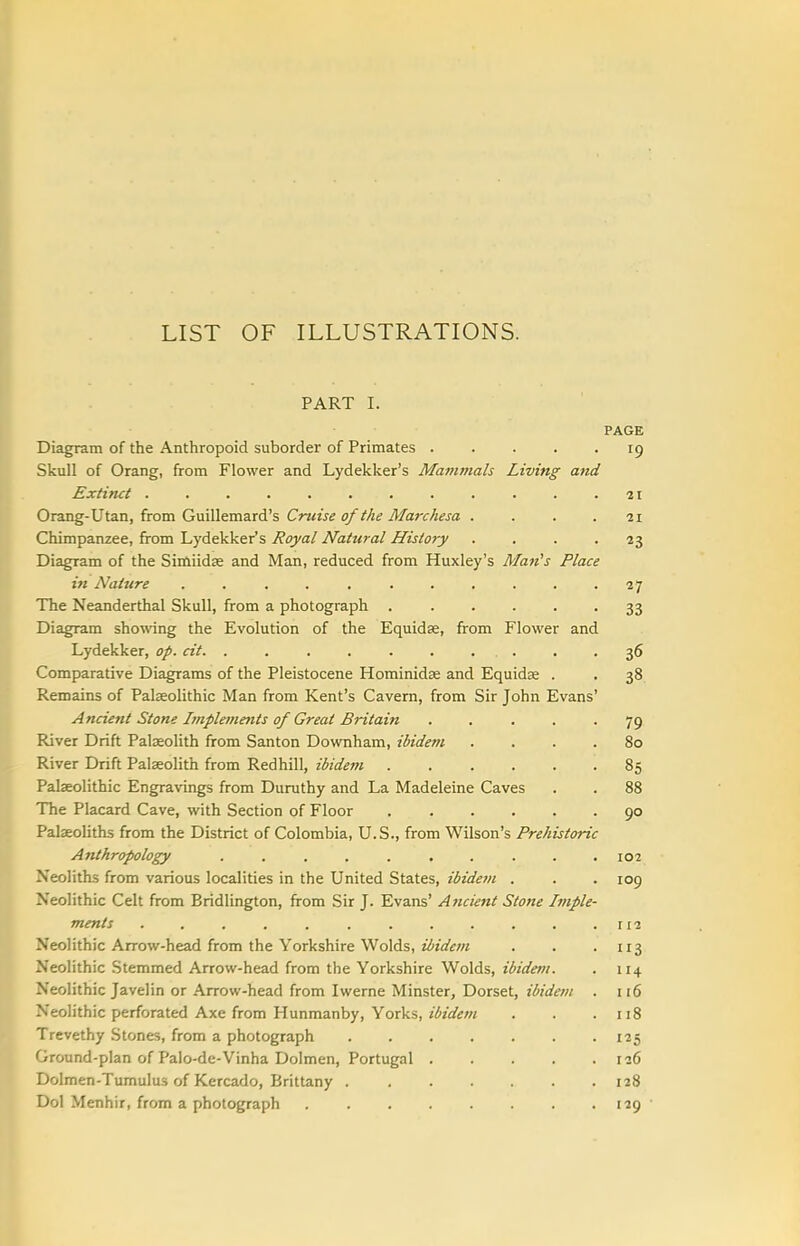 LIST OF ILLUSTRATIONS. PART I. PAGE Diagram of the Anthropoid suborder of Primates . . . . • ^9 Skull of Orang, from Flower and Lydekker's Mammals Living and Extinct 21 Orang-Utan, from Guillemard's Cruise of the Marchesa .... 21 Chimpanzee, from Lydekker's Royal Natural History .... 23 Diagram of the Sinaiidas and Man, reduced from Huxley's Mati's Place in Nature . . . . . ...... 27 The Neanderthal Skull, from a photograph 33 Diagram showing the Evolution of the Equidse, from Flower and Lydekker, op. cit. . . . . . . ... . -36 Comparative Diagrams of the Pleistocene Hominidse and Equidae . . 38 Remains of Palaeolithic Man from Kent's Cavern, from Sir John Evans' Ancient Stone Implements of Great Britain ..... 79 River Drift Palseolith from Santon Downham, ibidem .... 80 River Drift Palseolith from Redhill, ibidem 85 Palaeolithic Engravings from Duruthy and La Madeleine Caves . . 88 The Placard Cave, with Section of Floor 90 Pateoliths from the District of Colombia, U.S., from Wilson's Prehistoric Anthropology .......... 102 Neoliths from various localities in the United States, ibidem . . . 109 Neolithic Celt from Bridlington, from Sir J. Evans' Ancient Stone Imple- ments . . . . . . . . . . . . r 12 Neolithic Arrow-head from the Yorkshire Wolds, iijVm . . • ii3 Neolithic Stemmed Arrow-head from the Yorkshire Wolds, ibidem. . 114 Neolithic Javelin or Arrow-head from Iwerne Minster, Dorset, ibidem . 116 Neolithic perforated Axe from Hunmanby, Yorks, ibidem . . .118 Trevethy Stones, from a photograph 125 Ground-plan of Palo-de-Vinha Dolmen, Portugal 126 Dol men-Tumulus of Kercado, Brittany ....... 128 Dol Menhir, from a photograph 129 ■