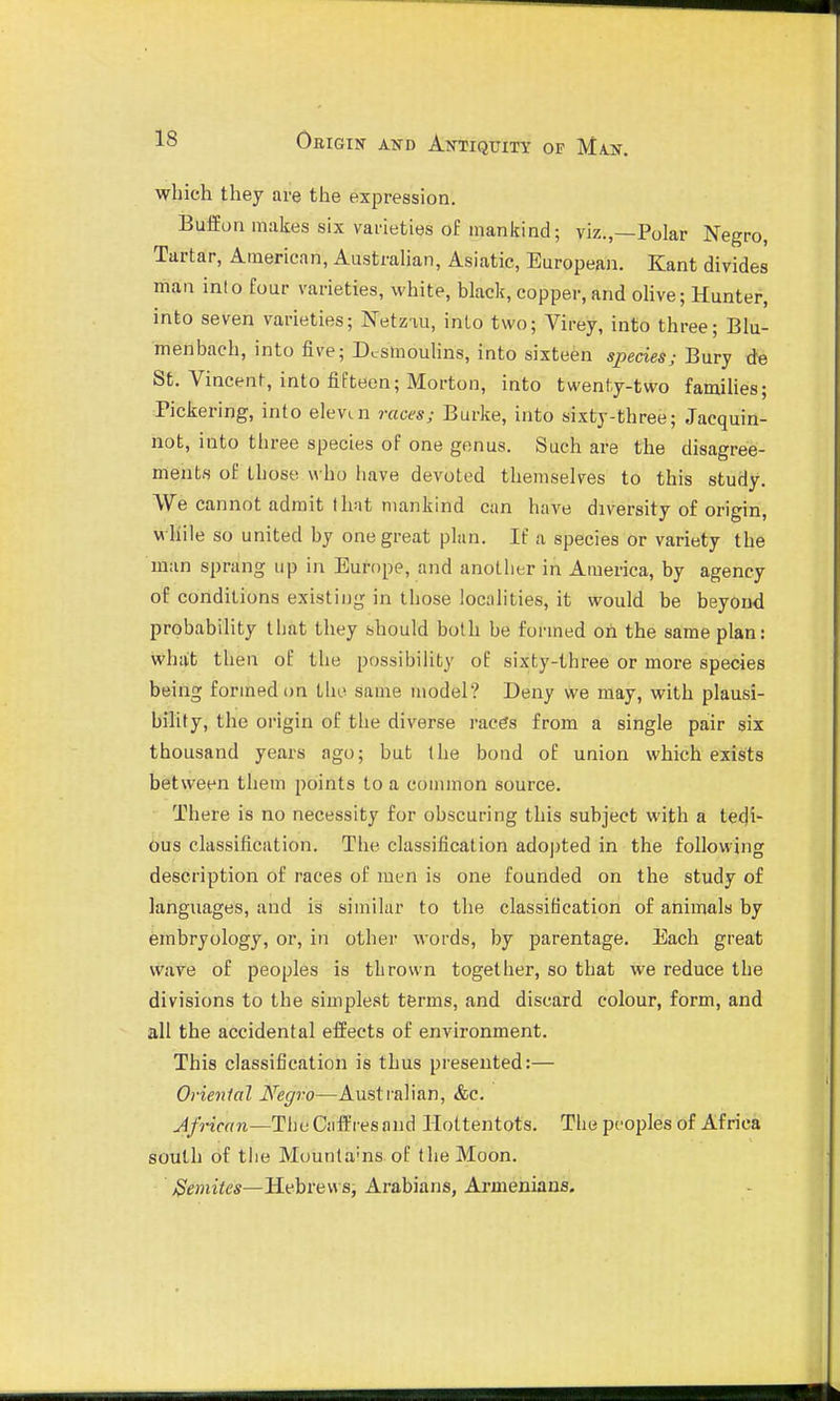 which they are the expression. Buffon makes six varieties oE mankind; viz.,—Polar Negro, Tartar, American, Australian, Asiatic, European. Kant divides man into four varieties, white, black, copper, and ohve; Hunter, into seven varieties; Netzau, into two; Virey, into three; Blu- menbach, into five; DcsmouHns, into sixteen species; Bury de St. Vincent, into fifteen; Morton, into twenty-two families; Pickering, into eleven races; Burke, into sixty-three; Jacquin- not, into three species of one genus. Such are the disagree- ments of those who have devoted themselves to this study. We cannot admit thnt mankind can have diversity of origin, while so united by one great plan. If a species or variety the man sprang up in Europe, and another in America, by agency of conditions existing in those localities, it would be beyond probability that they should both be formed oh the same plan: what then of the possibility of sixty-three or more species being formed on tho same model? Deny we may, with plausi- bility, the origin of the diverse rac^s from a single pair six thousand years ago; but the bond of union which exists between them points to a connnon source. There is no necessity for obscuring this subject with a tedi- ous classification. The classification adoj)ted in the following description of races of men is one founded on the study of languages, and is similar to the classification of animals by embryology, or, in other words, by parentage. Each great wave of peoples is thrown together, so that we reduce the divisions to the simplest terms, and discard colour, form, and all the accidental effects of environment. This classification is thus presented:— Orienlal Negro—Australian, &c. African—The Caffi'es and Hottentots. The peoples of Africa south of the Mounta'ns of the Moon. ;3^mitcs—Hebrevvsj Arabians, Armenians.