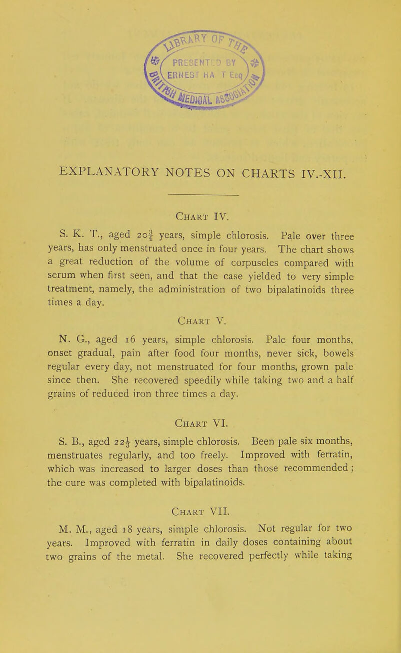 EXPLANATORY NOTES ON CHARTS IV.-XII. Chart IV. S. K. T., aged 2of years, simple chlorosis. Pale over three years, has only menstruated once in four years. The chart shows a great reduction of the volume of corpuscles compared with serum when first seen, and that the case yielded to very simple treatment, namely, the administration of two bipalatinoids three times a day. Chart V. N. G., aged 16 years, simple chlorosis. Pale four months, onset gradual, pain after food four months, never sick, bowels regular every day, not menstruated for four months, grown pale since then. She recovered speedily while taking two and a half grains of reduced iron three times a day. Chart VI. S. B., aged 2 2-|- years, simple chlorosis. Been pale six months, menstruates regularly, and too freely. Improved with ferratin, which was increased to larger doses than those recommended ; the cure was completed with bipalatinoids. Chart VII. M. M., aged 18 years, simple chlorosis. Not regular for two years. Improved with ferratin in daily doses containing about two grains of the metal. She recovered perfectly while taking