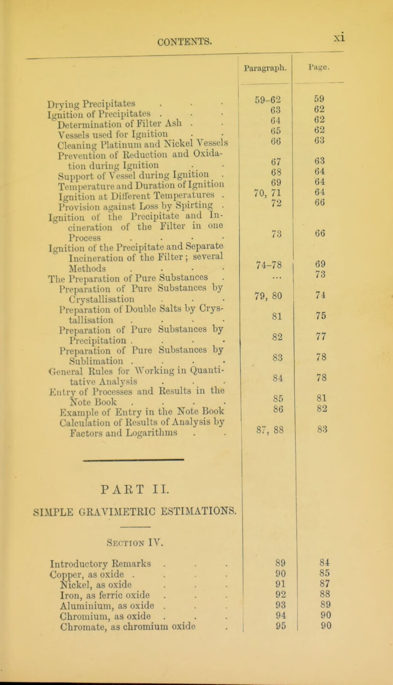 Paragraph. Drying Precipitates Ignition of Precipitates . Determination of Filter Ash . V^essels used for Ignition Cleaning Platinum and Nickel Vessels Prevention of Reduction and Oxida- tion during Ignition Support of V'essel during Ignition . Temperature and Duration of Ignition Ignition at Dillerent Temperatures . Provision against Loss by Spirting . Ignition of the Precipitate and In- cineration of the Filter in one Process . . • • Ignition of the Precipitate and Separate Incineration of the Filter; several Methods . . • • The Preparation of Pure Substances . Preparation of Pure Substances by Crystallisation Preparation of Double Salts by Crys- tallisation .... Preparation of Pure Substances by Precipitation .... Preparation of Pure Substances by Sublimation .... General Rules for Working in Quanti- tative Analysis Entry of Processes and Results in the Note Book .... Example of Entry in the Note Book Calculation of Results of Analysis by Factors and Logarithms PART II. SLMPLE GRAVLMETRIC ESTIMATIONS. Section IV. Introductory Remarks Copper, as oxide . Nickel, as oxide Iron, as ferric oxide Aluminium, as oxide . Chromium, as oxide Chromate, as chromium oxide 59-62 63 64 65 66 67 68 69 70, 71 72 73 74-78 79, 80 81 82 83 84 85 86 87, 88 89 90 91 92 93 94 95 84 85 87 88 89 90 90