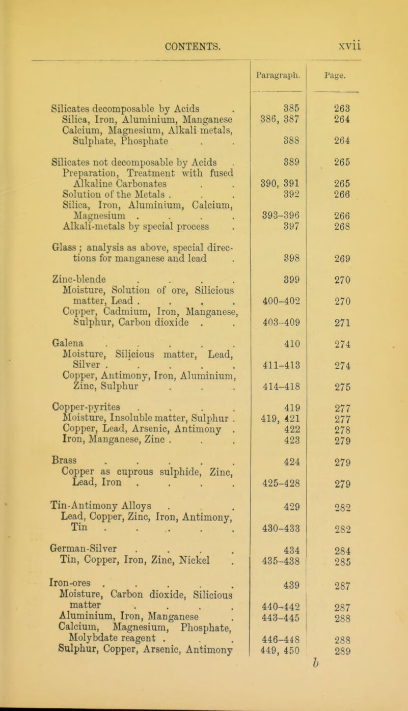 Silicates decomposable by Acids Silica, Iron, Aluminium, Manganese Calcium, Magnesium, Alkali metals, Sulphate, Phosphate Silicates not decomposable by Acids Preparation, Treatment with fused Alkaline Carbonates Solution of the ^Metals . Silica, Iron, Aluminium, Calcium Magnesium . Alkali-metals by special process Glass ; analysis as above, special direc tions for manganese and lead Zinc-blende Moisture, Solution of ore, Silicious matter, Lead . Copper, Cadmium, Iron, Manganese Sulphur, Carbon dioxide , Galena .... Moisture, Silicious matter. Lead, Silver .... Copper, Antimony, Iron, Aluminium Zinc, Sulphur Copper-pyrites ... Sloisture, Insoluble matter. Sulphur Copper, Lead, Arsenic, Antimony Iron, Manganese, Zinc . Brass .... Copper as cuprous sulphide, Zinc, Lead, Iron ... Tin-Antimony Alloys Lead, Copper, Zinc, Iron, Antimony, Tin . German-Silver Tin, Copper, Iron, Zinc, Nickel Iron-ores .... Moisture, Carbon dioxide, Silicious matter Aluminium, Iron, Manganese Calcium, Magnesium, Phosphate, Molybdate reagent . Sulphur, Copper, Arsenic, Antimony I'aragraph. Page. OOxf 386, 387 264 389 265 390, 391 392 265 266 393-396 266 398 269 399 270 400-402 270 403-409 271 410 274 411-413 274 419 419, 421 422 423 277 277 278 279 424 279 425-428 279 429 282 430-433 282 434 435-438 284 285 439 287 440-142 443-445 287 288 446-448 449, 450 288 289