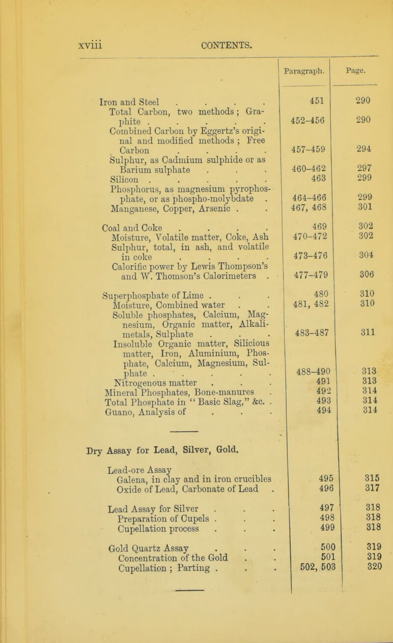 Iron and Steel .... Total Carbon, two methods; Gra- phite ..... Combined Carbon by Eggertz's origi- nal and modified methods ; Free Carbon .... Sulphur, as Cadmium sulphide or as Barium sulphate Silicon ..... Phosphorus, as magnesium pyrophos- phate, or as phospho-molybdate Manganese, Copper, Arsenic . Coal and Coke .... Moisture, A^olatile matter, Coke, Ash Sulphur, total, in ash, and volatile in coke .... Calorific power by Lewis Thompson's and W. Thomson's Calorimeters . Superphosphate of Lime . Moisture, Combined water Soluble phosphates, Calcium, Mag- nesium, Organic matter, Alkali- metals, Sulphate Insoluble Organic matter, Silicious matter. Iron, Aluminium, Phos- phate, Calcium, Magnesium, Sul- phate .... Nitrogenous matter Mineral Phosphates, Bone-manures Total Phosphate in  Basic Slag, &c, Guano, Analysis of Dry Assay for Lead, Silver, Gold. Lead-ore Assay Galena, in clay and in iron crucibles Oxide of Lead, Carbonate of Lead Lead Assay for Silver Preparation of Cupels . Cupellation process Gold Quartz Assay Concentration of the Gold Cupellation ; Parting . Paragraph. Page. 40 J. 452-456 290 457-459 294 460-462 463 297 299 464-466 ARl AR9. 4D/, 4Do 299 470-472 302 473-476 304 477-479 306 480 481, 482 310 310 483-487 311 488-490 491 492 493 494 313 313 314 314 314 495 315 496 317 497 318 498 318 499 318 500 319 501 319 502, 503 320