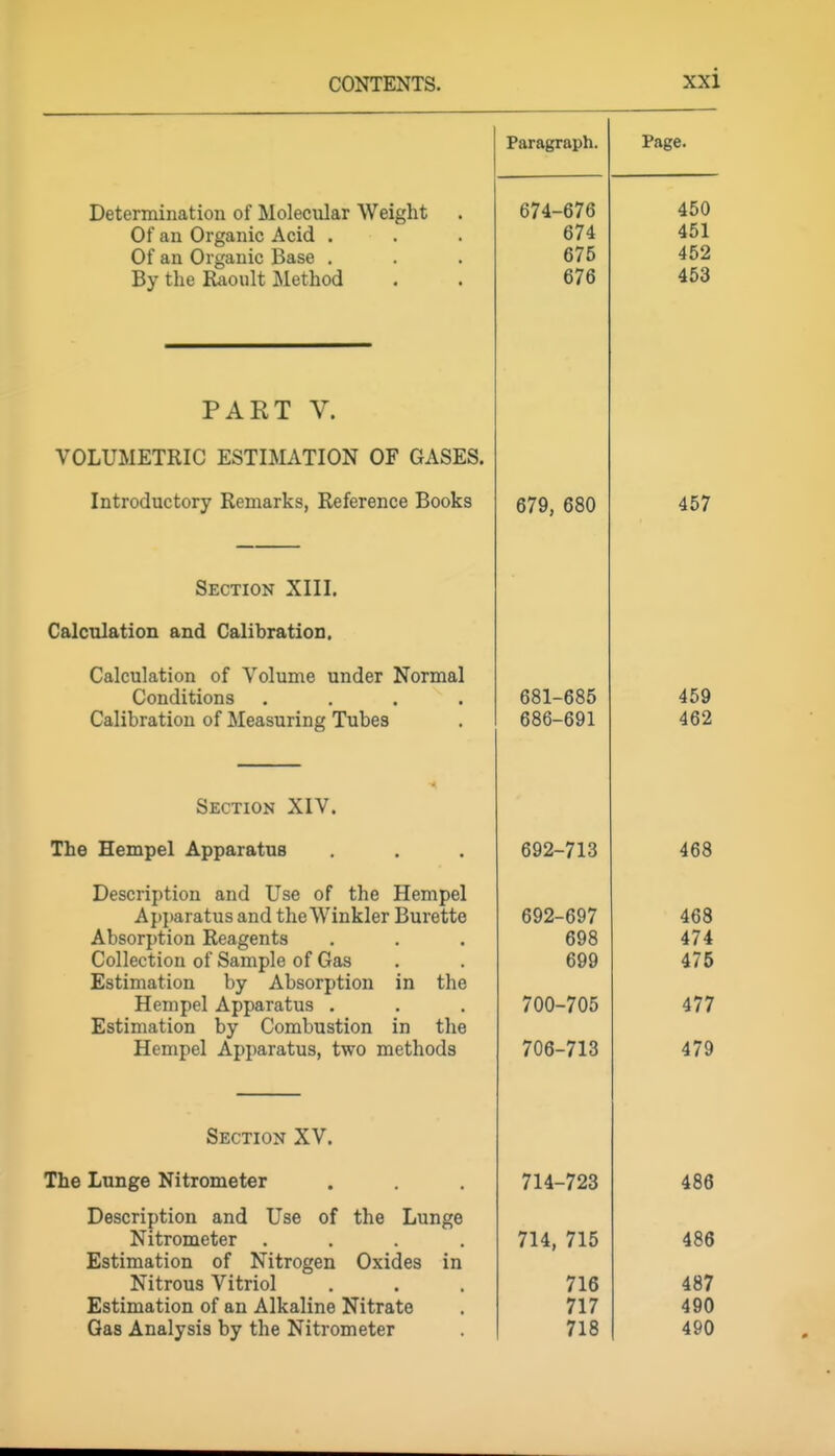 Paragraph. Page. Determination of Molecular Weight Of an Organic Base . By the Ikoiilt Method 674-676 674 675 676 450 451 452 453 PAKT V. VOLUMETRIC ESTIMATION OF GASES. xniroQUCtory iveniarKS, xveiercnce ijoujio 679, 680 457 Section XIII. Calculation and Calibration. Calculation of Volume under Normal Conditions .... L/allDra.X10Il 01 Measuring luD63 681-685 DoD—oyi 459 Section XIV. The Hempel Apparatus 692-713 468 Descrij)tion and Use of the Hempel Api)aratus and the Winkler Burette Absorption Reagents Collection of Sample of Gas Estimation bv AbsorDtion in the Hempel Apparatus . Estimation by Combustion in the XlvlilUci IXyVcLlaKiKlOf LWU illt/UllULlo 692-697 698 699 700-705 /uo—/xo 468 474 475 477 47Q Section XV. The Lunge Nitrometer 714-723 486 Description and Use of the Lunge Nitrometer .... Estimation of Nitrogen Oxides in Nitrous Vitriol Estimation of an Alkaline Nitrate Gas Analysis by the Nitrometer 714, 715 716 717 718 486 487 490 490