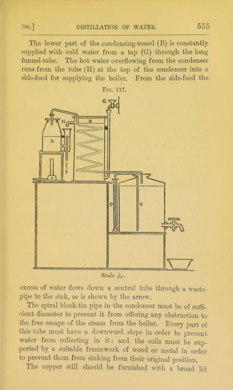 The lower part of the condensing-vessel (B) is constantly supplied with cold water from a tap (G) through the long funnel-tube. The hot water overflowing from the condenser runs from the tube (H) at the top of the condenser into a side-feed for supplying the boiler. From the side-feed the Fig. 117. Scale ij'ij. excess of water flows down a central tube through a waste- pipe to the sink, as is shown by the arrow. The spiral block-tin pipe in the condenser must be of suffi- cient diameter to prevent it from ofl'ering any obstruction to the free escape of the steam from the boiler. Every part of this tube must have a downward slope in order to prevent water from collecting in it: and the coils must be sup- ported by a suitable framework of wood or metal in order to prevent them from sinking from their original position. The copper still should be furnished with a broad lid