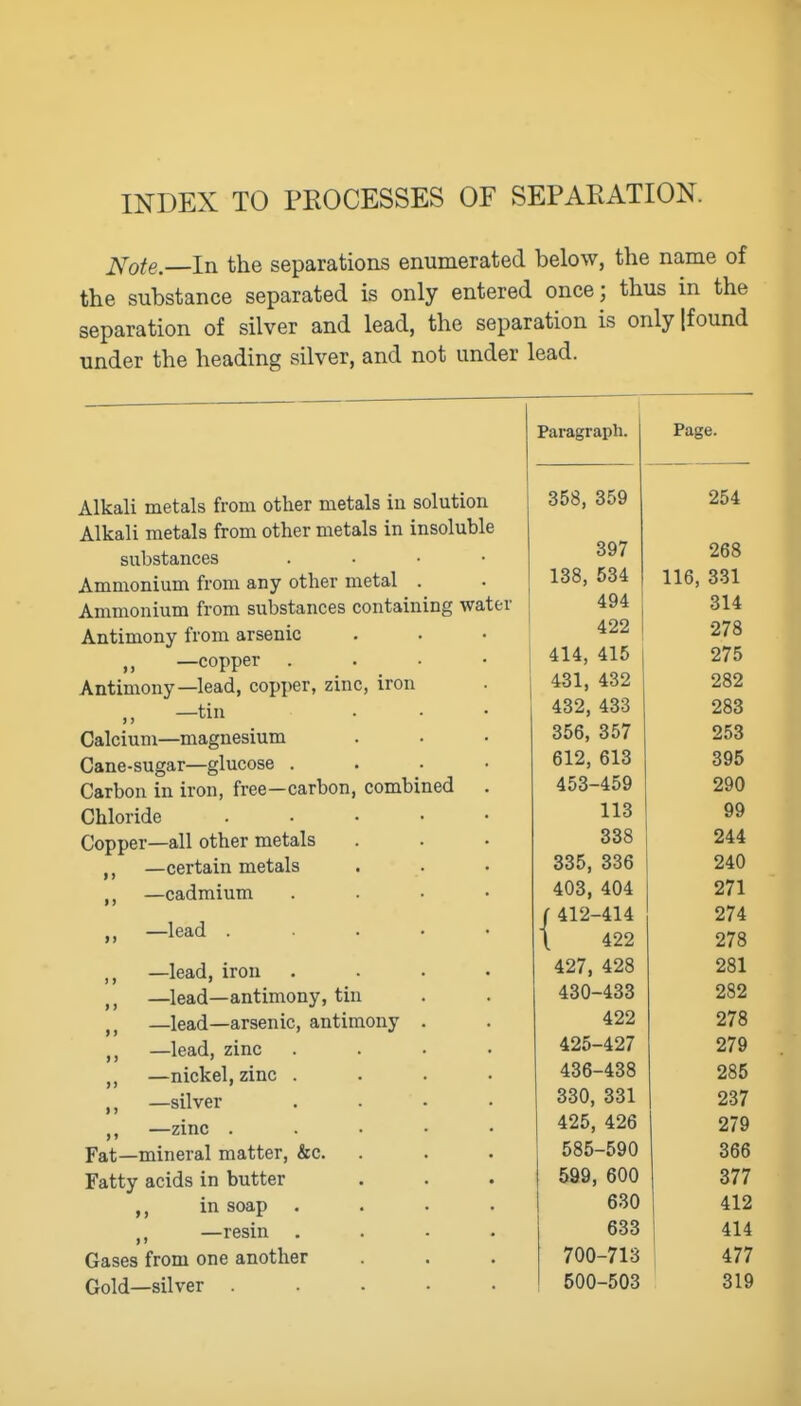 INDEX TO PROCESSES OF SEPAEATION. X^ote.—In the separations enumerated below, the name of the substance separated is only entered once; thus in the separation of silver and lead, the separation is only [found tinder the heading silver, and not under lead. Alkali metals from other metals in solution Alkali metals from other metals in insoluble substances Ammonium from any other metal Ammonium from substances containing water Antimony from arsenic —copper . Antimony—lead, copper, zinc, iron —tin Calcium—magnesium Cane-sugar—glucose . Carbon in iron, free—carbon, combined Chloride Copper—all other metals —certain metals ,, —cadmium —lead . > > > > —lead, iron —lead—antimony, tin —lead—arsenic, antimony —lead, zinc —nickel, zinc . —silver —zinc . mineral matter, &c. Fatty acids in butter in soap —resin . Gases from one another Gold—silver . )» Fat Paragraph. 358, 359 397 138, 534 494 422 414, 416 431, 432 432, 433 356, 357 612, 613 453-459 113 338 335, 336 403, 404 412-414 422 427, 428 430-433 422 425-427 436-438 330, 331 425, 426 585-590 599, 600 630 633 700-713 500-503 { Page. 254 268 116, 331 314 278 275 282 283 253 395 290 99 244 240 271 274 278 281 282 278 279 285 237 279 366 377 412 414 477 319