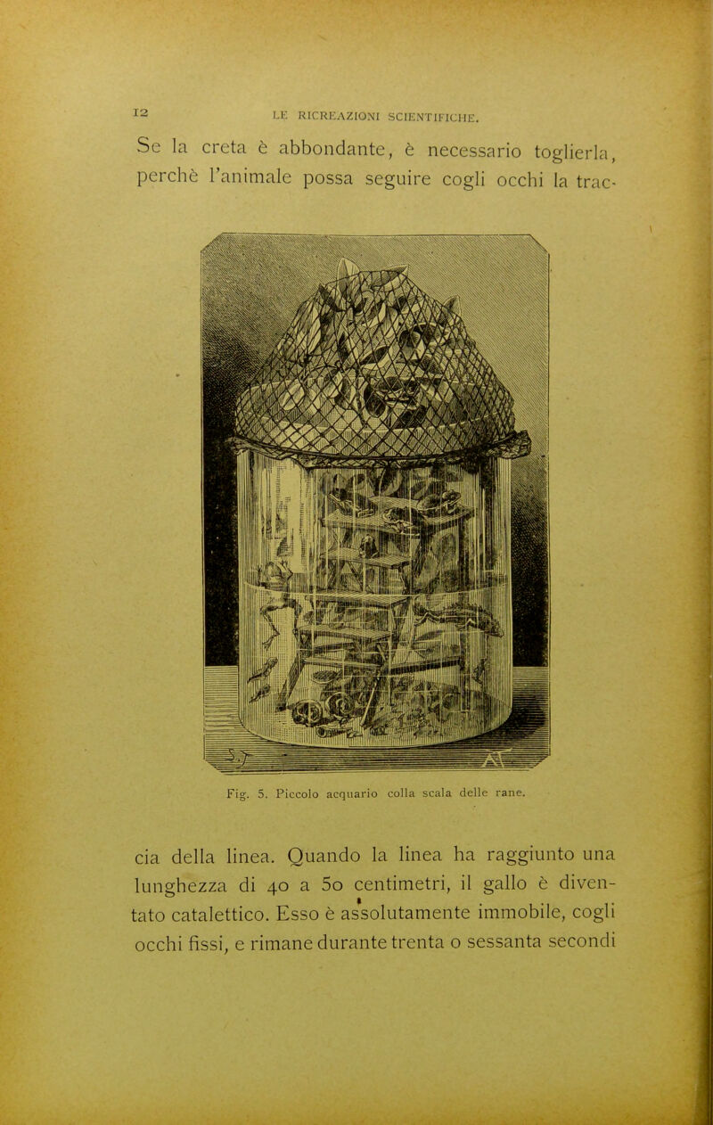 Se la creta è abbondante, è necessario toglierla, perchè l'animale possa seguire cogli occhi la trac- Fig. 5. Piccolo acquario colla scala delle rane. eia della linea. Quando la linea ha raggiunto una lunghezza di 40 a 5o centimetri, il gallo è diven- tato catalettico. Esso è assolutamente immobile, cogli occhi fissi, e rimane durante trenta o sessanta secondi