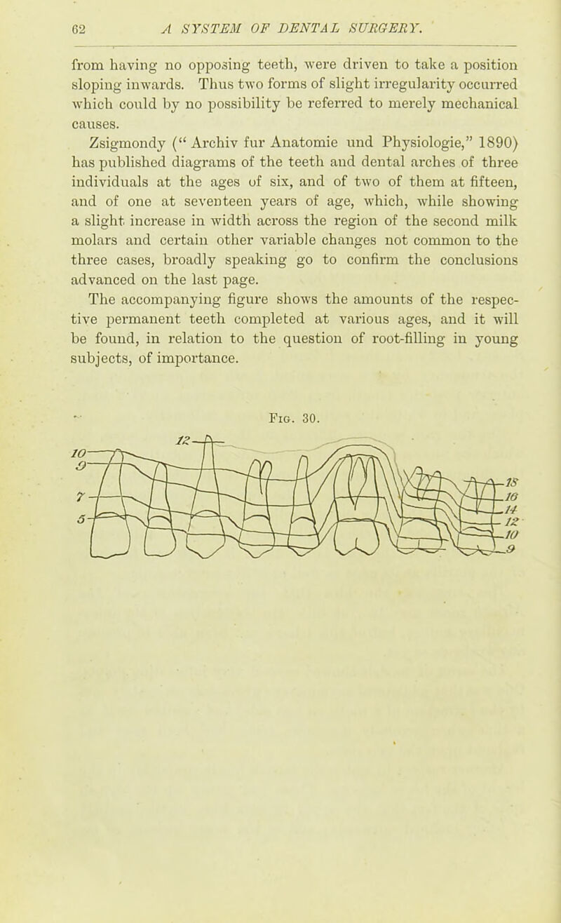 from having no opposing teeth, were driven to take a position sloping inwards. Thus two forms of slight irregularity occurred which could by no possibility be referred to merely mechanical causes. Zsigmondy (“ Archiv fur Anatomie und Physiologie,” 1890) has published diagrams of the teeth and dental ai'ches of three individuals at the ages of six, and of two of them at fifteen, and of one at seventeen years of age, which, while showing a slight increase in width across the region of the second milk molars and certain other variable changes not common to the three cases, broadly speaking go to confirm the conclusions advanced on the last page. The accompanying figure shows the amounts of the respec- tive permanent teeth completed at various ages, and it will be found, in relation to the question of root-filling in young subjects, of importance. Fig. 30.