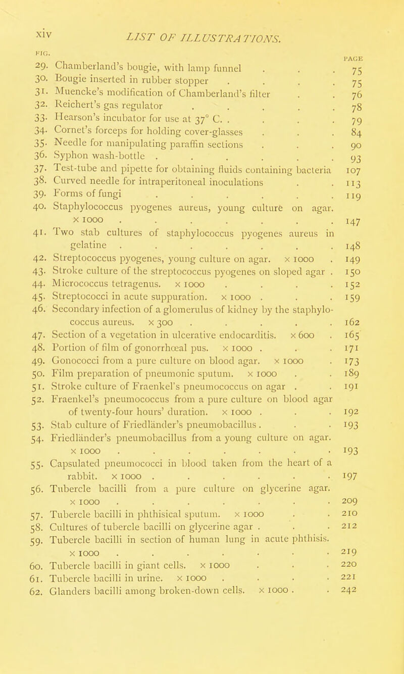vw,. I'AGE 29. Chamberland's Iwugie, with lamp funnel . . -75 30. Bougie inserted in rubber stopper . . . -75 31. Miiencke's modification of Chamberland's filter . . 76 32. Reichert's gas regulator . . . . .78 33. Ilearson's incubator for use at 37° C. . . . . 79 34. Cornet's forceps for holding cover-glasses . . .84 35. Needle for manipulating paraffin sections . . -90 36. Syphon wash-bottle . . . . . -93 37. Test-tube and pipette for obtaining fluids containing bacteria 107 38. Curved needle for intraperitoneal inoculations . -113 39. Forms of fungi . . . . .119 40. Staphylococcus pyogenes aureus, young culture on agar. X1000 ....... 147 41. Two stab cultures of staphylococcus pyogenes aureus in gelatine ....... 14S 42. Streptococcus pyogenes, young culture on agar. x 1000 . 149 43. Stroke culture of the streptococcus pyogenes on sloped agar . 150 44. Micrococcus tetragenus. x 1000 .... 152 45. Streptococci in acute suppuration. x 1000 . . -159 46. Secondary infection of a glomerulus of kidney by the staphylo- coccus aureus. x 300 . . . . .162 47. Section of a vegetation in ulcerative endocarditis, x 600 . 165 48. Portion of film of gonorrhoeal pus. x 1000 . . . 171 49. Gonococci from a pure culture on blood agar. x 1000 . 173 50. Film preparation of pneumonic sputum, x 1000 . . 189 51. Stroke culture of Fraenkel's pneumococcus on agar . . 191 52. Fraenkel's pneumococcus from a pure culture on blood agar of twenty-four hours' duration. x 1000 . . . 192 53. Stab culture of Friedlander's pneumobacillus . . . 193 54. Friedlander's pneumobacillus from a young culture on agar. X1000 ....... 193 55. Capsulated pneumococci in blood taken from the heart of a rabbit, x 1000 . . . . . -197 56. Tubercle bacilli from a pure culture on glycerine agar. X 1000 ....... 209 57. Tubercle bacilli in phthisical sputum. x 1000 . . 210 58. Cultures of tubercle bacilli on glycerine agar . . .212 59. Tubercle bacilli in section of human lung in acute phthisis. X1000 219 60. Tubercle bacilli in giant cells. x 1000 . . . 220 61. Tubercle bacilli in urine. x 1000 .... 221 62. Glanders bacilli among broken-down cells. x looo . . 242