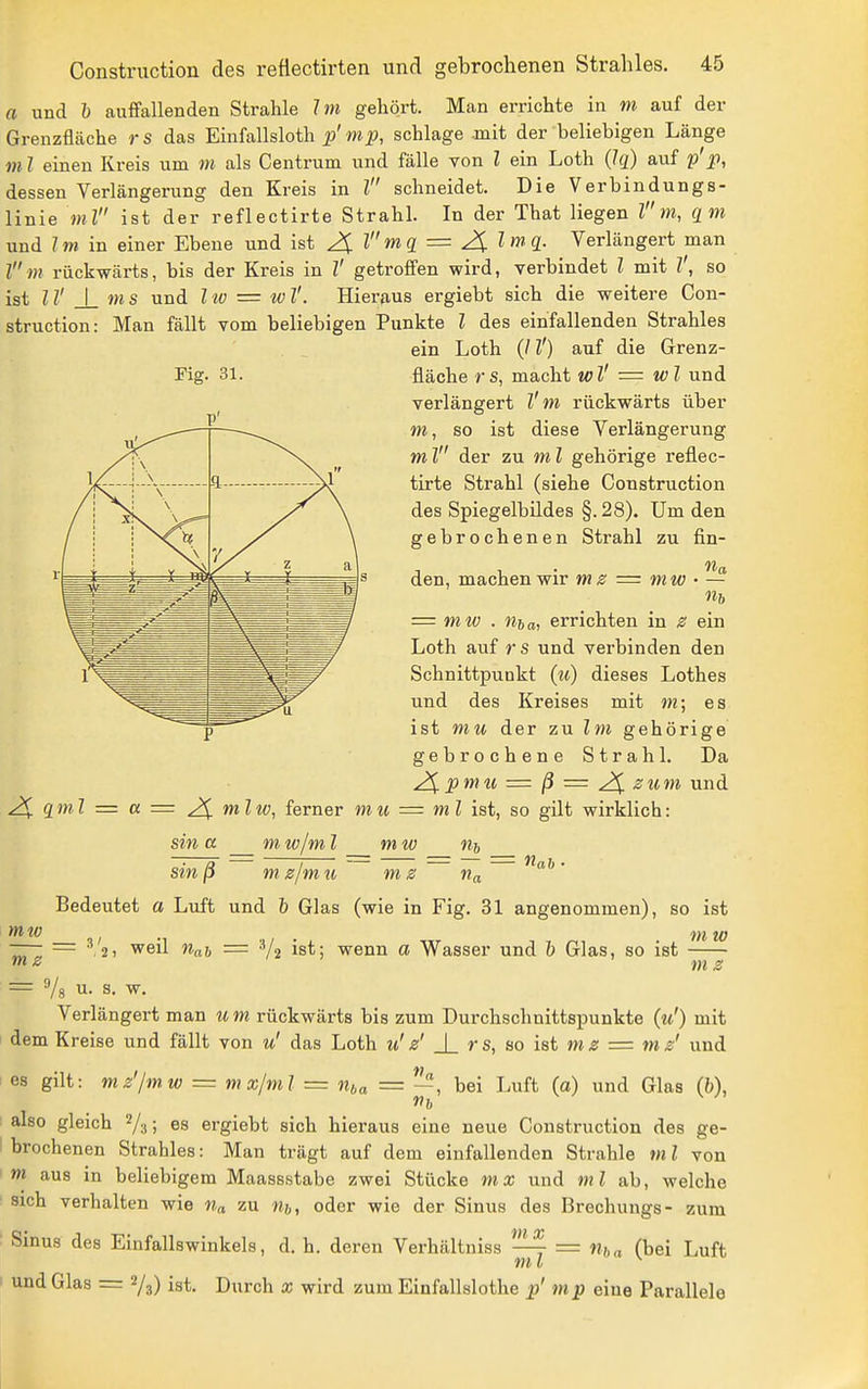a und b auffallenden Strahle Im gehört. Man errichte in m auf der Grenzfläche rs das Einfallsloth / wj), schlage .mit der beliebigen Länge m l einen Kreis um m als Centrum und fälle von l ein Loth (Jq) auf p'^), dessen Verlängerung den Kreis in l schneidet. Die Verbindungs- linie m l ist der reflectirte Strahl. In der That liegen l m, qm und 1 m in einer Ebene und ist 2^1 mq = 2il m q. Verlängert man lm rückwärts, bis der Kreis in V getroffen wird, verbindet Z mit Z', so ist IV _\_ms und liv = w V. Hieraus ergiebt sich die weitere Con- struction: Man fällt vom beliebigen Punkte Z des einfallenden Strahles ein Loth (/ Z') auf die Grenz- fläche rs, macht wV = wl und verlängert Z'm rückwärts über m, so ist diese Verlängerung ml der zu ml gehörige reflec- tirte Strahl (siehe Construction des Spiegelbildes §. 28). Um den gebrochenen Strahl zu fin- den, machen wir ms = mw • ~ IIb = miv . iiba, errichten in s ein Loth auf rs und verbinden den Schnittpunkt (u) dieses Lothes und des Kreises mit m; es ist mu der zu Im gehörige gebrochene Strahl. Da 2^pmtt = ß = 2^ zum und 2^ qml = a = 2^ mlw, ferner mic = ml ist, so gilt wirklich: sin a m w/m Z mw sin ß m zjmu ms Bedeutet a Luft und & Glas (wie in Fig. 31 angenommen), so ist «6 na ^,21 weil nah = V2 ist; wenn a Wasser und h Glas, so ist m w m s mto mz — % u. s. w. Verlängert man um rückwärts bis zum Durchschnittspunkte («') mit dem Kreise und fällt von tt' das Loth it' s' _L r s, so ist »w z = m s' und es gilt: mz'/mw = mx/ml = n^a = —, bei Luft (a) und Glas (h), also gleich es ergiebt sich hieraus eine neue Construction des ge- brochenen Strahles: Man trägt auf dem einfallenden Strahle ml von m aus in beliebigem Maassstabe zwei Stücke mx und >mZ ab, welche sich verhalten wie n„ zu m,, oder wie der Sinus des Brechungs- zum Sinus des Einfallswinkels, d. h. deren Verhältniss '-^ = iiba (bei Luft m l und Glas = 2/3) ist. Durch x wird zum Einfallslothe jj' mp eine Parallele
