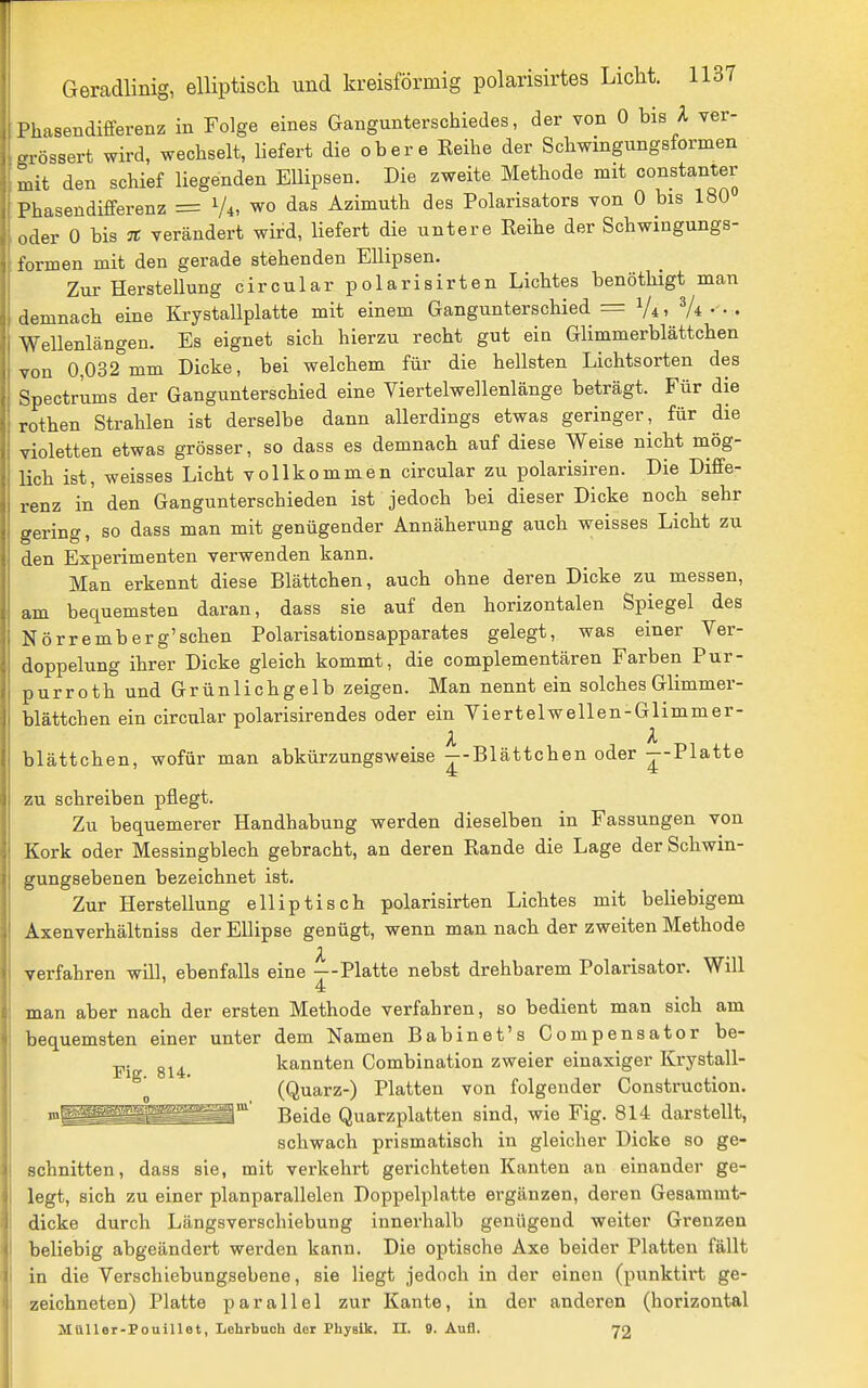 Phasendifferenz in Folge eines Gangunterschiedes, der von 0 bis A ver- grössert wird, wechselt, liefert die obere Reihe der Schwingungsformen mit den schief liegenden Ellipsen. Die zweite Methode mit constanter Phasendifferenz = V*, wo das Azimuth des Polarisators von 0 bis 180 oder 0 bis % verändert wird, liefert die untere Reihe der Schwingungs- formen mit den gerade stehenden Ellipsen. Zur Herstellung circular polarisirten Lichtes benöthigt man demnach eine Krystallplatte mit einem Gangunterschied = Vi' • • • Wellenlängen. Es eignet sich hierzu recht gut ein Glimmerblättchen von 0,032 mm Dicke, bei welchem für die hellsten Lichtsorten des Spectrums der Gangunterschied eine Viertelwellenlänge beträgt. Für die rothen Strahlen ist derselbe dann allerdings etwas geringer, für die violetten etwas grösser, so dass es demnach auf diese Weise nicht mög- lich ist, weisses Licht vollkommen circular zu polarisiren. Die Diffe- renz in den Gangunterscbieden ist jedoch bei dieser Dicke noch sehr gering, so dass man mit genügender Annäherung auch weisses Licht zu den Experimenten verwenden kann. Man erkennt diese Blättchen, auch ohne deren Dicke zu messen, am bequemsten daran, dass sie auf den horizontalen Spiegel des Nörremberg'schen Polarisationsapparates gelegt, was einer Ver- doppelung ihrer Dicke gleich kommt, die complementären Farben Pur- purroth und Grünlichgelb zeigen. Man nennt ein solches Glimmer- blättchen ein circular polarisirendes oder ein Viertelwellen-Glimmer- l k blättchen, wofür man abkürzungsweise --Blättchen oder --Platte zu schreiben pflegt. Zu bequemerer Handhabung werden dieselben in Fassungen von Kork oder Messingblech gebracht, an deren Rande die Lage der Schwin- gungsebenen bezeichnet ist. Zur Herstellung elliptisch polarisirten Lichtes mit beliebigem Axenverhältniss der Ellipse genügt, wenn man nach der zweiten Methode verfahren will, ebenfalls eine ---Platte nebst drehbarem Polarisator. Will 4 man aber nach der ersten Methode verfahren, so bedient man sich am bequemsten einer unter dem Namen Babinet's Compensator be- kannten Gombination zweier einaxiger Krystall- \ ' (Quarz-) Platten von folgender Construction. m^^^^^^^'- Beide Quarzplatten sind, wie Fig. 814 darstellt, schwach prismatisch in gleicher Dicke so ge- schnitten, dass sie, mit verkehrt gerichteten Kanten an einander ge- legt, sich zu einer planparallelen Doppelplatte ergänzen, deren Gesammt- dicke durch Längsverschiebung innerhalb genügend weiter Grenzen beliebig abgeändert werden kann. Die optische Axe beider Platten fällt in die Verschiebungsebene, sie liegt jedoch in der einen (punktirt ge- zeichneten) Platte parallel zur Kante, in der anderen (horizontal MUUer-Pouillet, Lehrbuch der Physik. II. 9. Aufl. 72