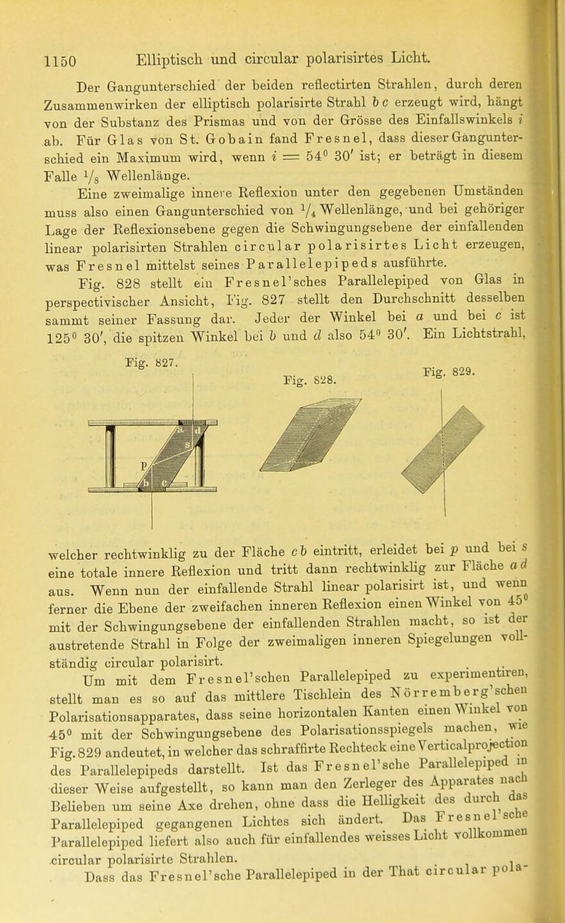 Der Grangunterschied der beiden reflectirten Strahlen, durch deren Zusammenwirken der elliptisch polarisirte Strahl h c erzeugt wird, hängt von der Substanz des Prismas und von der Grösse des Einfallswinkels i ab. Für Glas von St. Gobain fand Fresnel, dass dieser Gangunter- schied ein Maximum wird, wenn * = 54 30' ist; er beträgt in diesem Falle Vs Wellenlänge. Eine zweimalige innere Reflexion unter den gegebenen Umständen muss also einen Gangunterschied von Vi Wellenlänge, und bei gehöriger Lage der Reflexionsebene gegen die Schwingungsebene der einfallenden linear polarisirten Strahlen circular polarisirtes Licht erzeugen, was Fresnel mittelst seines Parallelepipeds ausführte. Fig. 828 stellt ein Fresnel'sches Parallelepiped von Glas in perspectivischer Ansicht, l'ig. 827 stellt den Durchschnitt desselben sammt seiner Fassung dar. Jeder der Winkel bei o und bei c ist 125» 30', die spitzen Winkel bei h und d also 54 30'. Ein Lichtstrahl, rig. Ö27. rig. 829. Fig. 828. ^ welcher rechtwinklig zu der Fläche ch eintritt, erleidet bei p und bei s eine totale innere Reflexion und tritt dann rechtwinkHg zur Fläche ad aus. Wenn nun der einfallende Strahl Unear polarisirt ist, und wenn ferner die Ebene der zweifachen inneren Reflexion einen Winkel von 45 mit der Schwingungsebene der einfallenden Strahlen macht, so ist der austretende Strahl in Folge der zweimaligen inneren Spiegelungen voll- ständig circular polarisirt. Um mit dem Fresnel'schen Parallelepiped zu expenmentiren, stellt man es so auf das mittlere Tischlein des Nörremberg'schen Polarisationsapparates, dass seine horizontalen Kanten einen Winkel von 450 mit der Schwingungsebene des Polarisationsspiegels machen, wie Fig. 829 andeutet, in welcher das schraffirte Rechteck eine Verticalprojection des Parallelepipeds darstellt. Ist das Fresnel'sche Parallelepiped m dieser Weise aufgestellt, so kann man den Zerleger des Apparates nacü BeUeben um seine Axe drehen, ohne dass die HelUgkeit des durch das Parallelepiped gegangenen Lichtes sich ändert. Das Fresnel scü Parallelepiped liefert also auch für einfallendes weisses Licht vollkommen circular polarisirte Strahlen. , Dass das Fresnel'sche Parallelepiped in der That circular poia-