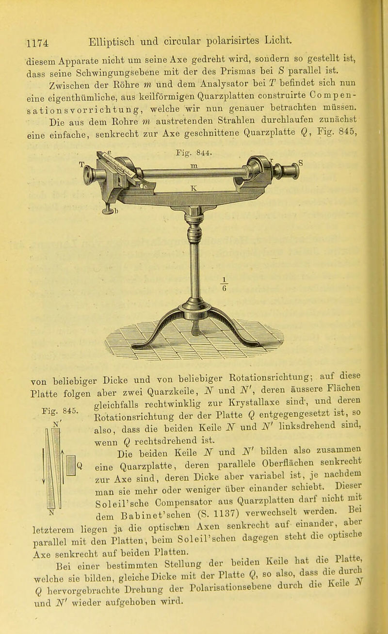 diesem Apparate nicht um seine Axe gedreht wird, sondern so gestellt ist, dass seine Schwingungsebene mit der des Prismas bei S parallel ist. Zwischen der Röhre m und dem Analysator bei T befindet sich nun eine eigenthümliche, aus keilförmigen Quarzplatten construirte Compen- sationsTorrichtung, welche wir nun genauer betrachten müssen. Die aus dem Rohre m austretenden Strahlen durchlaufen zunächst eine einfache, senkrecht zur Axe geschnittene Quarzplatte Q, Fig. 845, von beliebiger Dicke und von beliebiger Rotationsrichtung; auf diese Platte folgen aber zwei Quarzkeile, N und N', deren äussere Flächen gleichfalls rechtwinklig zur Krystallaxe sind, und deren Rotationsrichtung der der Platte Q entgegengesetzt ist, so also, dass die beiden Keile N und N' linksdrehend sind, wenn Q rechtsdrehend ist. Die beiden Keile N und N' bilden also zusammen eine Quarzplatte, deren parallele Oberflächen senkrecht zur Axe sind, deren Dicke aber variabel ist, je nachdem man sie mehr oder weniger über einander schiebt. ^ Dieser Soleil'sche Compensator aus Quarzplatten darf nicht mit dem Babinet'schen (S. 1137) verwechselt werden. Bei letzterem liegen ja die optischen Axen senkrecht ^'^^f''^^^^^^ parallel mit den Platten, beim Soleil'schen dagegen steht die optische Axe senkrecht auf beiden Platten. Bei einer bestimmten Stellung der beiden Kei e hat die Platte welche sie bilden, gleiche Dicke mit der Platte (?, so also, da,ss die durcü Q hervorgebrachte Drehung der Polarisationsebene durch die Keüe und N' wieder aufgehoben wird.