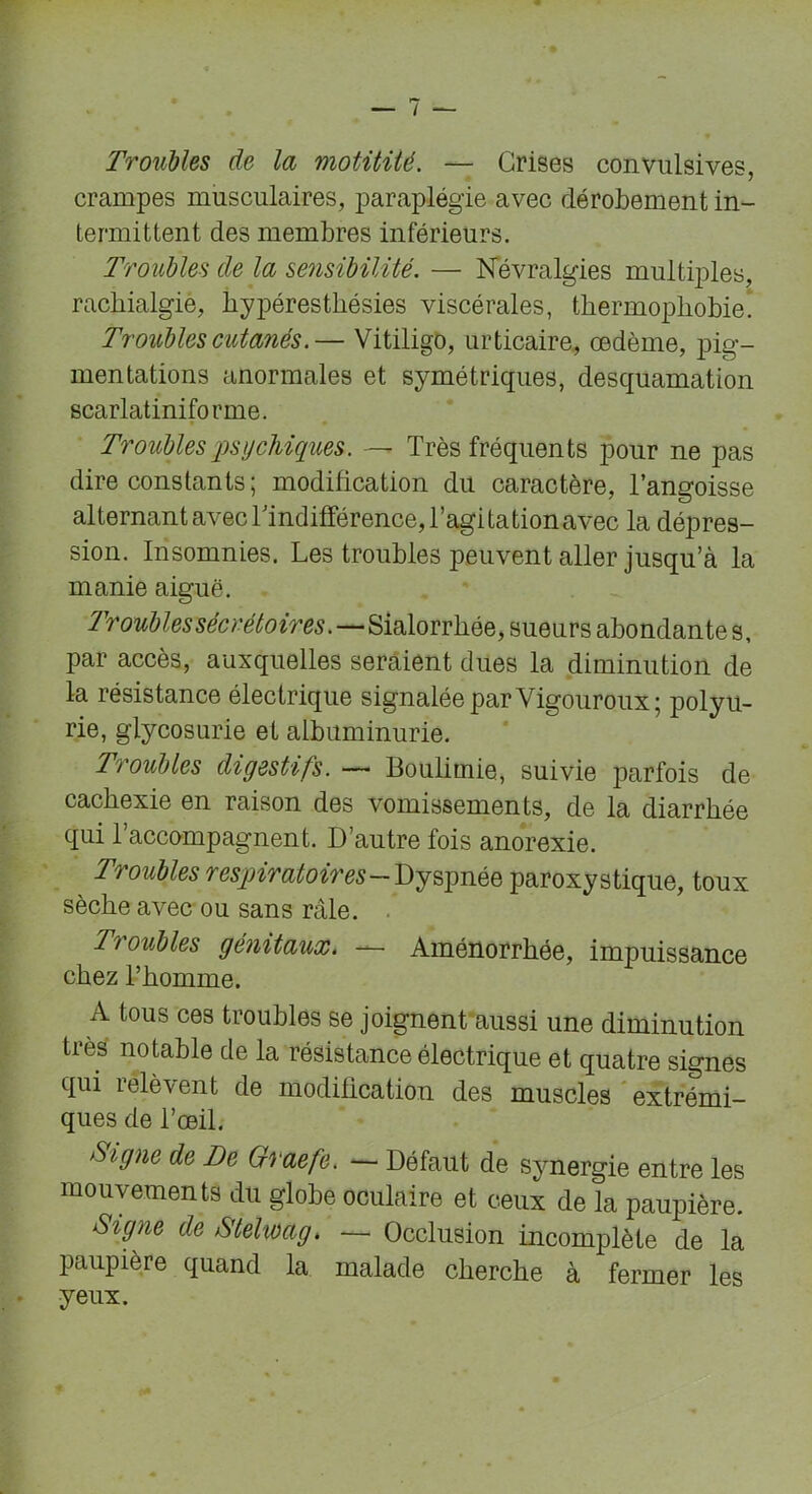 Troubles de la motitité. — Grises convulsives, crampes musculaires, paraplégie avec dérobement in- termittent des membres inférieurs. Troubles de la sensibilité. — Névralgies multiples, rachialgie, hypéresthésies viscérales, thermophobie. Troubles cutanés.— Vitiligo, urticaire, œdème, pig- mentations anormales et symétriques, desquamation scarlatiniforme. Troubles psychiques. —■ Très fréquents pour ne pas dire constants; modification du caractère, l’angoisse alternant avec l'indifférence, l’agi tationavec la dépres- sion. Insomnies. Les troubles peuvent aller jusqu’à la manie aiguë. Troubles sécrétoires.—Sialorrhée, sueurs abondante s, par accès, auxquelles seraient dues la diminution de la résistance électrique signalée par Yigouroux; polyu- rie, glycosurie et albuminurie. Troubles digestifs. — Boulimie, suivie parfois de cachexie en raison des vomissements, de la diarrhée qui 1 accompagnent. D’autre fois anorexie. Troubles respiratoires—Dyspnée paroxystique, toux sèche avec ou sans râle. Ti oubles génitaux. — Aménorrhée, impuissance chez l’homme. A tous ces troubles se joignent aussi une diminution tics notable de la résistance électrique et quatre signes qui relèvent de modification des muscles extrémi- ques de l’œil. Signe de De Graefe. — Défaut de synergie entre les mouvements du globe oculaire et ceux de la paupière. Signe de Sielwag. — Occlusion incomplète de la paupière quand la malade cherche à fermer les yeux.