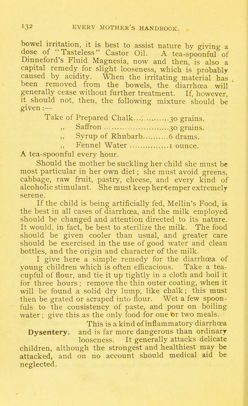 bowel irritation, it is best to assist nature by giving a dose of Tasteless Castor Oil. A tea-spoonful of Dinneford's Fluid Magnesia, now and then, is also a capital remedy for slight looseness, which is probably caused by acidity. When the irritating material has been removed from the bowels, the diarrhoea will generally cease without further treatment. If, however, it should not, then, the following mixture should be given:— Take of Prepared Chalk 30 grains. ,, Saffron 30 grains. vSyrup of Rhubarb 6 drams. Fennel Water i ounce. A tea-spoonful every hour. Should the mother be suckling her child she must be most particular in her own diet; she must avoid greens, cabbage, raw fruit, pastry, cheese, and every kind of alcoholic stimulant. She must keep her*temper extremely serene. If the child is being artificially fed, Mellin's Food, is the best in all cases of diarrhoea, and the milk employed should be changed and attention directed to its nature. It would, in fact, be best to sterilize the milk. The food should be given cooler than usual, and greater care should be exercised in the use of good water and clean bottles, and the origin and character of the milk. I give here a simple remedy for the diarrhoea of young children which is often efficacious. Take a tea- cupful of flour, and tie it up tightly in a cloth and boil it for three hours ; remove the thin outer coating, when it will be found a solid dry lump, like chalk; this must then be grated or scraped into flour. Wet a few spoon- fuls to the consistency of paste, and pour on boiling water ; give this as the only food for one t>T two meals. This is a kind of inflammatory diarrhoea Dysentery, and is far more dangerous than ordinary looseness. It generally attacks delicate children, although the strongest and healthiest may be attacked, and on no account should medical aid be neglected.