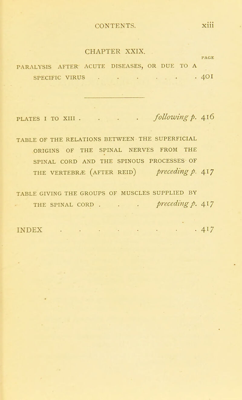 CPIAPTER XXIX. PAGE PARALYSIS AFTER ACUTE DISEASES, OR DUE TO A SPECIFIC VIRUS . . . . . .4OI plates i to xiii .... following p. 416 TABLE OF THE RELATIONS BETWEEN THE SUPERFICIAL ORIGINS OF THE SPINAL NERVES FROM THE SPINAL CORD AND THE SPINOUS PROCESSES OF the vertebrae (after reid) preceding p. 417 TABLE GIVING THE GROUPS OF MUSCLES SUPPLIED BY the spinal cord . . . precedingp. 417 INDEX . 417