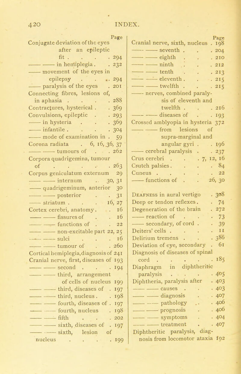 Page Conjugate deviation of the eyes after an epileptic fit . 294 in herriiplegia . 232 movement of the eyes in epilepsy 294 paralysis of the eyes 201 Connecting fibres, lesions of, in aphasia .... 288 Contractures, hysterical . 369 Convulsions, epileptic 293 in hysteria 369 infantile . 304 mode of examination in . 59 Corona radiata . 6, 16, 36, 37 tumours of . . 262 Corpora quadrigemina, tumour of 263 Corpus geniculatum externum 29 internum . 30, 31 quadrigeminum, anterior 30 posterior . . 31 striatum ... 16, 27 Cortex cerebri, anatomy. . 16 fissures of . .16 functions of . .22 non-excitable part 22, 25 — sulci . . .16 tumour of . . 260 Cortical hemiplegia,diagnosis of 241 Cranial nerve, first, diseases of 193 second . . . 194 third, arrangement of cells of nucleus 199 third, diseases of .197 third, nucleus . . 198 fourth, diseases of . 197 fourth, nucleus . 198 fifth . . . 202 sixth, diseases of . 197 sixth, lesion of nucleus .... 199 Page Cranial nerve, sixth, nucleus . 198 seventh . 204 eighth 210 ninth 212 tenth 213 — eleventh . 215 twelfth . 215 •—-- nerves, combined paraly- sis of eleventh and twelfth . 216 diseases of 193 Crossed amblyopia in hysteria 372 from lesions of supra-marginal and angular gyri . 196 cerebral paralysis . 237 Crus cerebri . . . 7, 12, 16 Crutch palsies.... 84 Cuneus . 22 functions of . . 26, 30 Deafness in aural vertigo 308 Deep or tendon reflexes. 74 Degeneration of the brain 272 reaction of . 73 secondary, of cord . 39 Deiters’ cells . 11 Delirium tremens . 386 Deviation of eye, secondary . 61 Diagnosis of diseases of spinal cord . 1S5 Diaphragm in diphtheritic paralysis . . 405 Diphtheria, paralysis after 403 causes 403 diagnosis 407 pathology 406 prognosis 406 symptoms 404 treatment 407 Diphtheritic paralysis, diag- nosis from locomotor ataxia I92