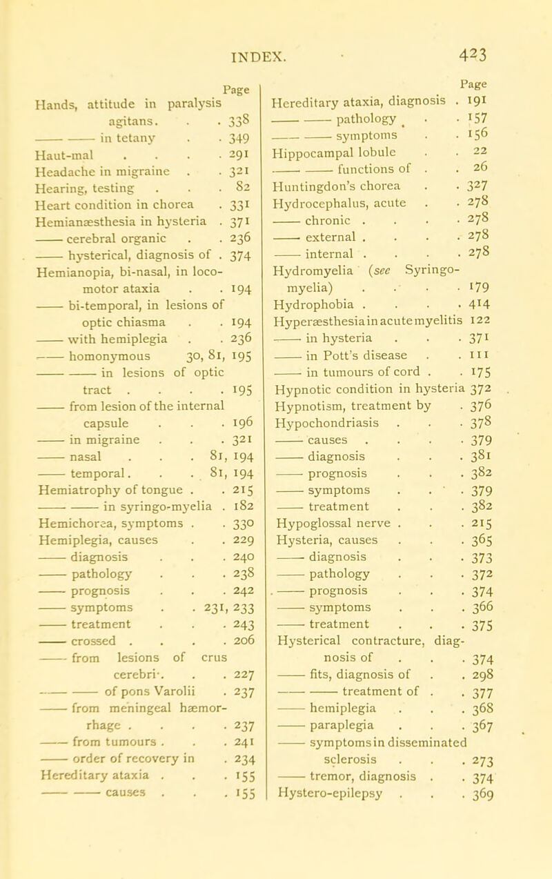 Hands, attitude in paralysis agitans. in tetany Haut-mal Headache in migraine Hearing, testing Heart condition in chorea Hemiansesthesia in hysteria . cerebral organic hysterical, diagnosis of . Hemianopia, bi-nasal, in loco- motor ataxia bi-temporal, in lesions of optic chiasma with hemiplegia homonymous 30, 81, 195 in lesions of optic Page 338 349 291 321 82 331 371 236 374 194 194 236 tract . from lesion of the internal capsule in migraine nasal temporal. Hemiatrophy of tongue in syringo-myelia Hemichorea, symptoms 195 Hemiplegia, causes diagnosis pathology prognosis symptoms treatment crossed . from lesions of cerebri-. of pons Varolii from meningeal haei rhage . from tumours . • order of recovery in crus 196 • 321 81, 194 81, 194 • 215 l82 • 33° . 229 . 240 • 238 . 242 231.233 • 243 . 206 227 237 Hereditary ataxia, diagnosis pathology < symptoms Hippocampal lobule functions of . Huntingdon’s chorea Hydrocephalus, acute chronic . external . internal . Page . 191 • 157 • '56 . 22 . 26 • 327 . 278 . 278 . 278 . 278 179 414 Hydromyelia (sec Syringo- myelia) .... Hydrophobia . Hyperaesthesia in acute myelitis 122 in hysteria . . • 371 in Pott’s disease . .111 in tumours of cord . . 175 Hypnotic condition in hysteria 372 Hereditary ataxia causes Hypnotism, treatment by Hypochondriasis causes diagnosis prognosis symptoms treatment Hypoglossal nerve Hysteria, causes diagnosis pathology . prognosis symptoms treatment Hysterical contracture, nosis of fits, diagnosis of — treatment of hemiplegia 368 • 237 paraplegia 367 . 241 symptomsin disseminated • 234 sclerosis 273 • 155 tremor, diagnosis . 374 • '55 Hystero-epilepsy 369 diag- 376 378 379 3§i 382 379 382 215 365 373 372 374 366 375 374 298 377