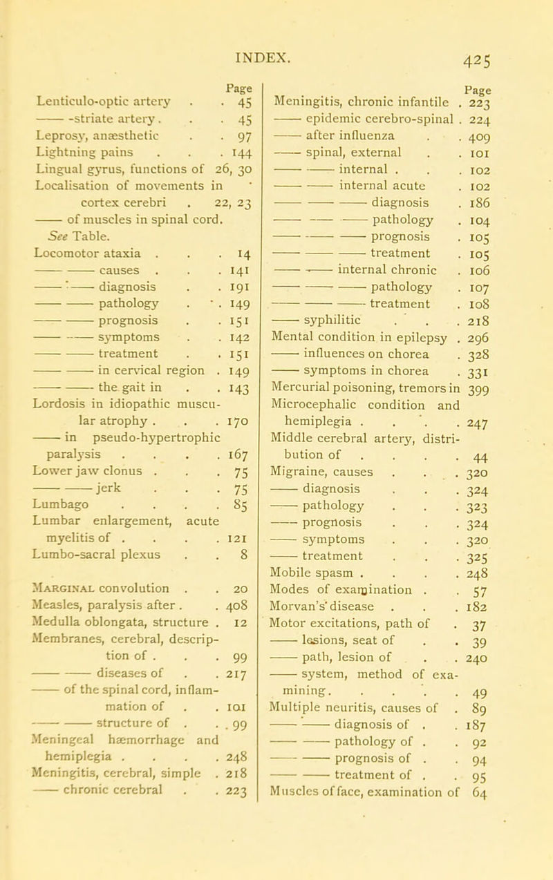 Page Lenticulo-optic artery . . 45 striate artery . . -45 Leprosy, anaesthetic . . 97 Lightning pains . . . 144 Lingual gyrus, functions of 26, 30 Localisation of movements in cortex cerebri . 22, 23 of muscles in spinal cord. See Table. Locomotor ataxia . . . 14 causes . . .141 : diagnosis . .191 pathology . • . 149 prognosis . . 151 symptoms . . 142 treatment . . 151 in cervical region . 149 the gait in . . 143 Lordosis in idiopathic muscu- lar atrophy . . .170 —-— in pseudo-hypertrophic paratysis . . . .167 Lower jaw clonus . . .75 jerk ••• 75 Lumbago . . . . 85 Lumbar enlargement, acute myelitis of . . . .121 Lumbo-sacral plexus . . 8 Marginal convolution . . 20 Measles, paralysis after . . 408 Medulla oblongata, structure . 12 Membranes, cerebral, descrip- tion of . . -99 diseases of . . 217 of the spinal cord, inflam- mation of . . 101 structure of . . . 99 Meningeal haemorrhage and hemiplegia .... 248 Meningitis, cerebral, simple . 218 chronic cerebral . . 223 425 Page Meningitis, chronic infantile . 223 epidemic cerebro-spinal . 224 after influenza . . 409 spinal, external . . 101 internal . . . 102 internal acute . 102 diagnosis . 186 pathology . 104 prognosis . 105 treatment . 105 internal chronic . 106 pathology . 107 treatment . 108 syphilitic . . 218 Mental condition in epilepsy . 296 influences on chorea . 328 symptoms in chorea . 331 Mercurial poisoning, tremors in 399 Microcephalic condition and hemiplegia . . . 247 Middle cerebral artery, distri- bution of . . -44 Migraine, causes . . . 320 diagnosis . . . 324 pathology . . . 323 prognosis . . . 324 symptoms . . . 320 treatment . . . 325 Mobile spasm .... 248 Modes of examination . . 57 Morvan’s'disease . . . 182 Motor excitations, path of . 37 lesions, seat of . *39 path, lesion of . . 240 system, method of exa- mining. . . .49 Multiple neuritis, causes of . 89 diagnosis of . . 187 pathology of . .92 prognosis of . -94 treatment of . .95 Muscles of face, examination of 64