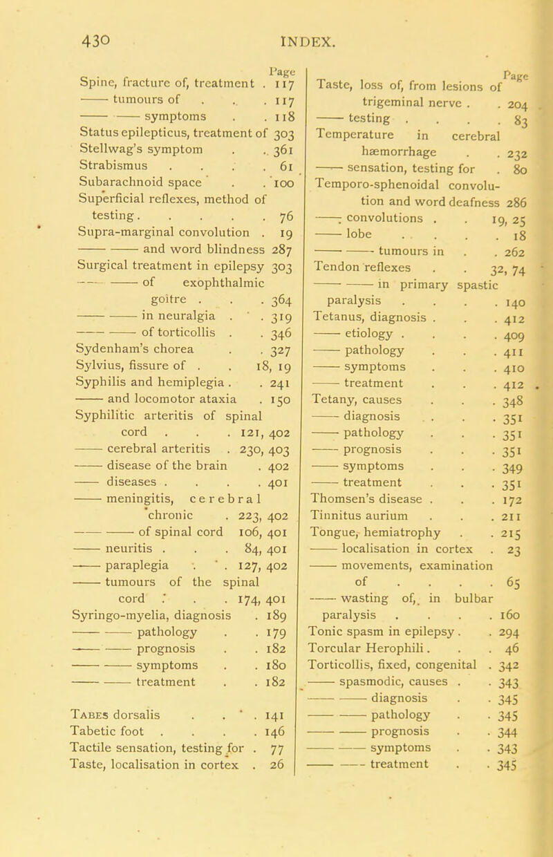 Page Spine, fracture of, treatment . 117 tumours of . . . 117 symptoms . .118 Status epilepticus, treatment of 303 Stellwag’s symptom . .361 Strabismus . . . .61 Subarachnoid space . .100 Superficial reflexes, method of testing 76 Supra-marginal convolution . 19 and word blindness 287 Surgical treatment in epilepsy 303 of exophthalmic goitre . . . 364 in neuralgia . ' .319 of torticollis . . 346 Sydenham’s chorea . . 327 Sylvius, fissure of . . 18, 19 Syphilis and hemiplegia . . 241 and locomotor ataxia . 150 Syphilitic arteritis of spinal cord . . .121, 402 cerebral arteritis . 230, 403 disease of the brain . 402 diseases .... 401 meningitis, cerebral chronic . 223, 402 of spinal cord 106, 401 neuritis . . . 84, 401 paraplegia •. . 127, 402 tumours of the spinal cord . . 174, 401 Syringo-myelia, diagnosis . 189 pathology . . 179 prognosis . .182 symptoms . .180 treatment . .182 Tabes dorsalis . . * . 141 Tabetic foot . . . .146 Tactile sensation, testing for . 77 Taste, localisation in cortex . 26 Taste, loss of, from lesions of^' trigeminal nerve . . 204 testing . • 83 Temperature in cerebral haemorrhage • 232 —— sensation, testing for . 80 Temporo-sphenoidal convolu- tion and word deafness 286 ; convolutions . I9> 25 lobe . . . 18 tumours in . 262 Tendon reflexes 32, 74 in primary spastic paralysis . 140 Tetanus, diagnosis . . 412 etiology . • 409 pathology . 411 symptoms . 410 treatment . 412 Tetany, causes • 348 diagnosis • 3Si pathology • 35i prognosis • 35i symptoms ■ 349 treatment • 35i Thomsen’s disease . . 172 Tinnitus aurium . 211 Tongue, hemiatrophy • 215 localisation in cortex • 23 movements, examination of • 65 wasting of, in bulbar paralysis . 160 Tonic spasm in epilepsy . • 294 Torcular Herophili. . 46 Torticollis, fixed, congenital • 342 spasmodic, causes . • 343 diagnosis • 345 pathology ■ 345 prognosis • 344 symptoms • 343 treatment • 345