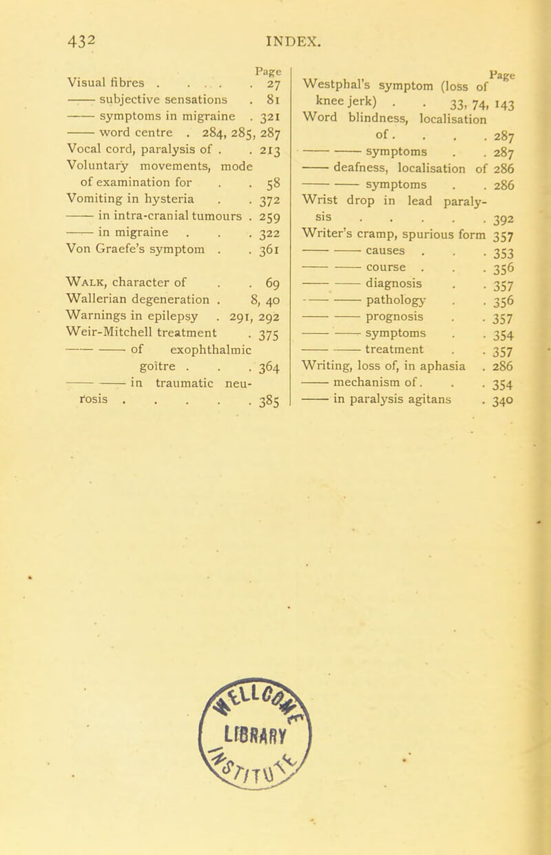 Page Visual fibres . ... .27 subjective sensations . 81 symptoms in migraine . 321 word centre . 284, 285, 287 Vocal cord, paralysis of . .213 Voluntary movements, mode of examination for . . 58 Vomiting in hysteria . . 372 in intra-cranial tumours . 259 —— in migraine . . . 322 Von Graefe’s symptom . .361 Walk, character of . .69 Wallerian degeneration . 8, 40 Warnings in epilepsy . 291, 292 Weir-Mitchell treatment . 375 of exophthalmic goitre . . . 364 in traumatic neu- rosis 385 Page Westphal’s symptom (loss of knee jerk) . . 33, 74> ,43 Word blindness, localisation of. . . . 287 symptoms . . 287 deafness, localisation of 286 symptoms . . 286 Wrist drop in lead paraly- sis 392 Writer’s cramp, spurious form 357 causes . . .353 course . . . 356 — diagnosis . -357 pathology . . 356 prognosis . -357 symptoms . . 354 treatment . . 357 Writing, loss of, in aphasia . 286 mechanism of. . . 354 in paralysis agitans . 340