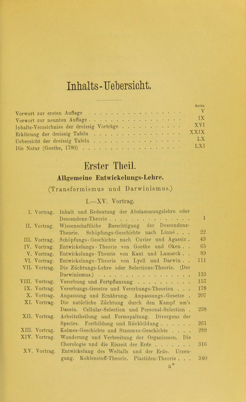 Inhalts-(Jel)ersic]it. Seite Vorwort zur ersten Auflage Vorwort zur neunten Auflage Inhalts-Verzeichniss der dreissig Vorträge ^VI Erklärung der dreissig Tafeln XXIX üebersicht der dreissig Tafeln Die Natur (Goethe, 1780) I-'^I Erster Theil. Allgemeine Entwickelungs-Lebre. (Transformismus und Darwinismus.) L—XV. Vortrag. I. Vortrag. Inhalt und Bedeutung der Abstammungslehre oder Descendenz-Theorie 1 IL Vortrag. Wissenschaftliche Berechtigung der Descendenz- Theorie. Schöpfungs-Geschichte nach Linne ... 22 IIL Vortrag. Schöpfungs-Geschichte nach Cuvier und Agassiz . 43 IV. Vortrag. Entwickelungs - Theorie von Goethe und Oken . . 65 V. Vortrag. Entwickelungs-Theorie von Kant und Lamarck . . 89 VL Vortrag. Entwickelungs-Theorie von Lyell und Darwin . . III VII. Vortrag. Die Züchtungs-Lehre oder Selections-Theorie. (Der Darwinismus.) 133 VIII. Vortrag. Vererbung und Fortpflanzung 157 IX. Vortrag. Vererbungs-Gesetze und Vererbungs-Theorien . . . 178 X. Vortrag. Anpassung und Ernährung. Anpassungs-Gesetze . 207 XI. Vortrag. Die natürliche Züchtung durch den Kampf um's Dasein. Cellular-Selection und Personal-Selection . 238 XII. Vortrag. Arbeitstheilung und Formspaltung. Divergenz der Speeles. Fortbildung und Rückbildung 261 XIII. Vortrag. Keimes-Geschichte und Stammes-Geschichte .... 289 XIV. Vortrag. Wanderung und Verbreitung der Organismen. Die Chorologie und die Eiszeit der Erde 316 XV. Vortrag. Entwickeluug des Weltalls und der Erde. Urzeu- gung. Kohlenstoff-Theorie. Plastiden-Theorie . . . 340 a*