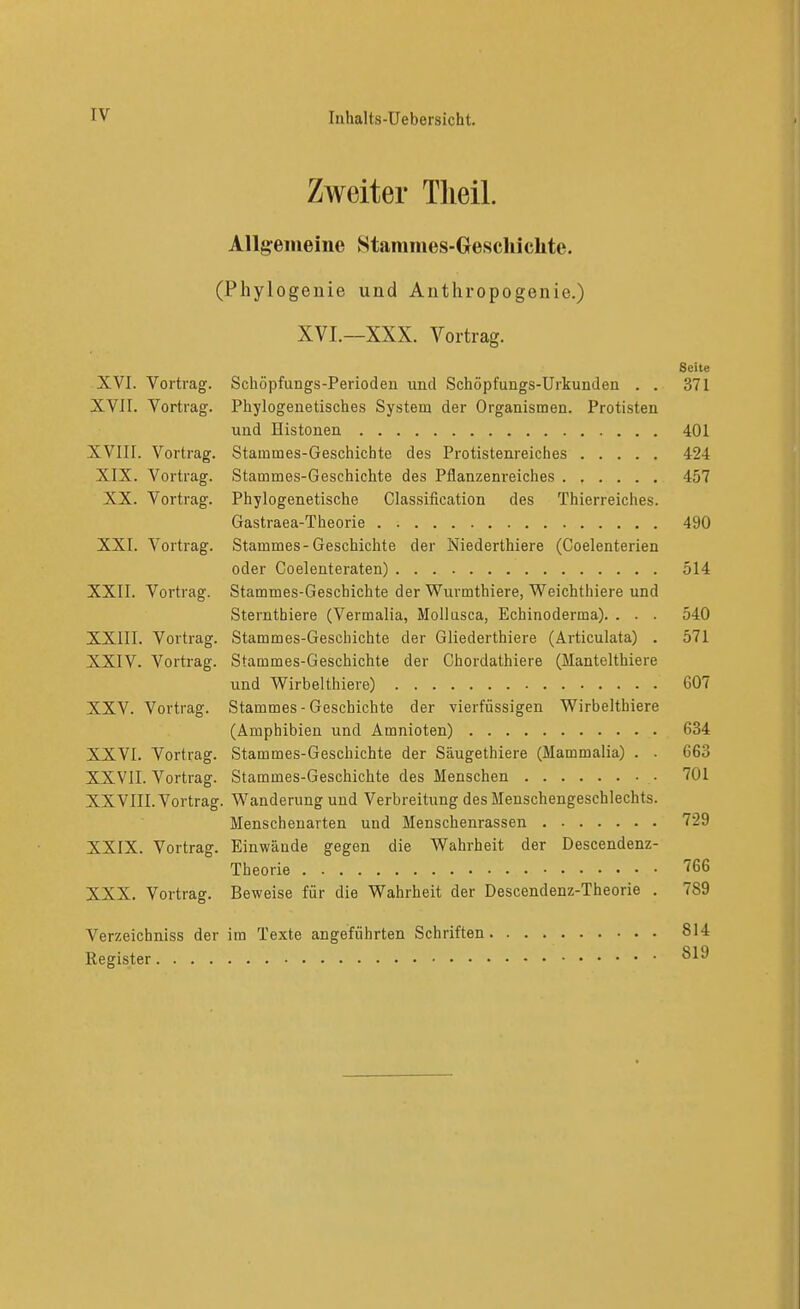 luhalts-üebersicht. Zweiter Tlieil. Allgeineine Stammes-Geschickte. (Phylogenie und Anthropogenie.) XVI.—XXX. Vortrag. Seite XVI. Vortrag. Schöpfungs-Perioden und Schöpfungs-Urkunden . . 371 XVII. Vortrag. Phylogenetisches System der Organismen. Protisten und Histonen 401 XVIII. Vortrag. Stammes-Geschichte des Protistenreiches 424 XIX. Vortrag. Stammes-Geschichte des Pflanzenreiches ...... 457 XX. Vortrag. Phylogenetische Classification des Thierreiches. Gastraea-Theorie 490 XXI. Vortrag. Stammes-Geschichte der Niederthiere (Coelenterien oder Coelenteraten) 514 XXII. Vortrag. Stammes-Geschichte der Wurmthiere, Weichthiere und Sterntbiere (Vermalia, Mollusca, Echinoderma). . . . 540 XXIII. Vortrag. Stammes-Geschichte der Gliederthiere (Ärticulata) . 571 XXIV. Vortrag. Stammes-Geschichte der Chordathiere (Mantelthiere und Wirbelthiere) 607 XXV. Vortrag. Stammes-Geschichte der vierfüssigen Wirbelthiere (Amphibien und Amnioten) 634 XXVI. Vortrag. Stammes-Geschichte der Säugethiere (Mammalia) . . 663 XXVII. Vortrag. Stammes-Geschichte des Menschen 701 XXVIII. Vortrag. Wanderung und Verbreitung des Menschengeschlechts. Menschenarten und Menschenrassen 729 XXIX. Vortrag. Einwände gegen die Wahrheit der Descendenz- Theorie 766 XXX. Vortrag. Beweise für die Wahrheit der Descendenz-Theorie . 789 Verzeichniss der im Texte angeführten Schriften 814 Register