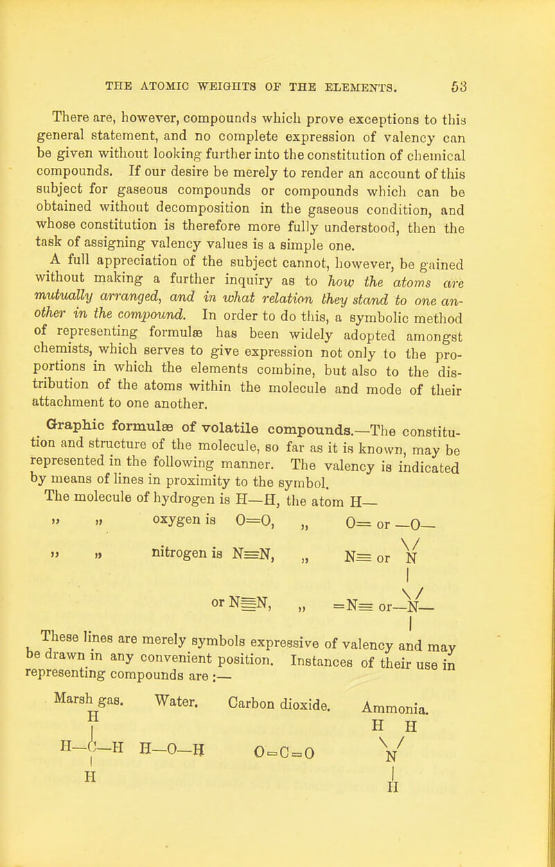 There are, however, compounds which prove exceptions to this general statement, and no complete expression of valency can be given without looking further into the constitution of chemical compounds. If our desire be merely to render an account of this subject for gaseous compounds or compounds which can be obtained without decomposition in the gaseous condition, and whose constitution is therefore more fully understood, then the task of assigning valency values is a simple one, A full appreciation of the subject cannot, however, be gained without making a further inquiry as to how the atoms are mutually arranged, and in what relation they stand to one an- other- in the compound. In order to do this, a symbolic method of representing formula has been widely adopted amongst chemists, which serves to give expression not only to the pro- portions in which the elements combine, but also to the dis- tribution of the atoms within the molecule and mode of their attachment to one another. Graphic formulas of volatile compounds.—The constitu- tion and structure of the molecule, so far as it is known, may be represented in the following manner. The valency is indicated by means of lines in proximity to the symbol. The molecule of hydrogen is H—H, the atom H— » „ oxygen is 0=0, „ 0= or —0—  '» nitrogen is N=N, „ N= or V I or N=N, „ =N= or-N— These lines are merely symbols expressive of valency and may be drawn m any convenient position. Instances of their use in representmg compounds are : Marsh gas. Water. Carbon dioxide. Ammonia. f H H II-.^-H H-O-U 0=0=0 V H II