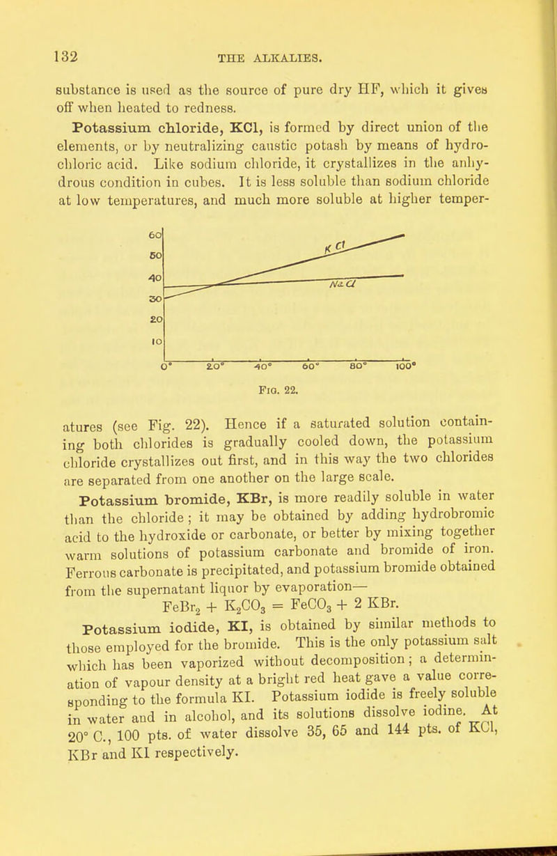 substance is used as the source of pure dry HF, which it givea off when heated to redness. Potassium. cMoride, KCl, is formed by direct union of the elements, or by neutralizing caustic potash by means of hydro- chloric acid. Like sodium chloride, it crystallizes in the anhy- drous condition in cubes. It is less soluble than sodium chloride at low temperatures, and much more soluble at higher temper- 20 lO O' 2.0° ■40' 60* aO° 100' Pio. 22. atures (see Fig. 22). Hence if a saturated solution contain- ing both chlorides is gradually cooled down, the potassium chtoride crystallizes out first, and in this way the two chlorides are separated from one another on the large scale. Potassium bromide, KBr, is more readily soluble in water than the chloride ; it may be obtained by adding hydrobromic acid to the hydroxide or carbonate, or better by mixing together warm solutions of potassium carbonate and bromide of iron. Ferrous carbonate is precipitated, and potassium bromide obtained from the supernatant liquor by evaporation— FeBr2 + K2CO3 = FeCOj + 2 KBr. Potassium iodide, KI, is obtained by similar methods to those employed for the bromide. This is the only potassium salt which has been vaporized without decomposition; a determm- ation of vapour density at a bright red heat gave a value corre- sponding to the formula KI. Potassium iodide is freely soluble in water and in alcohol, and its solutions dissolve iodine. At 20° C, 100 pts. of water dissolve 35, 65 and U4 pts. of KOI, KBr and KI respectively.