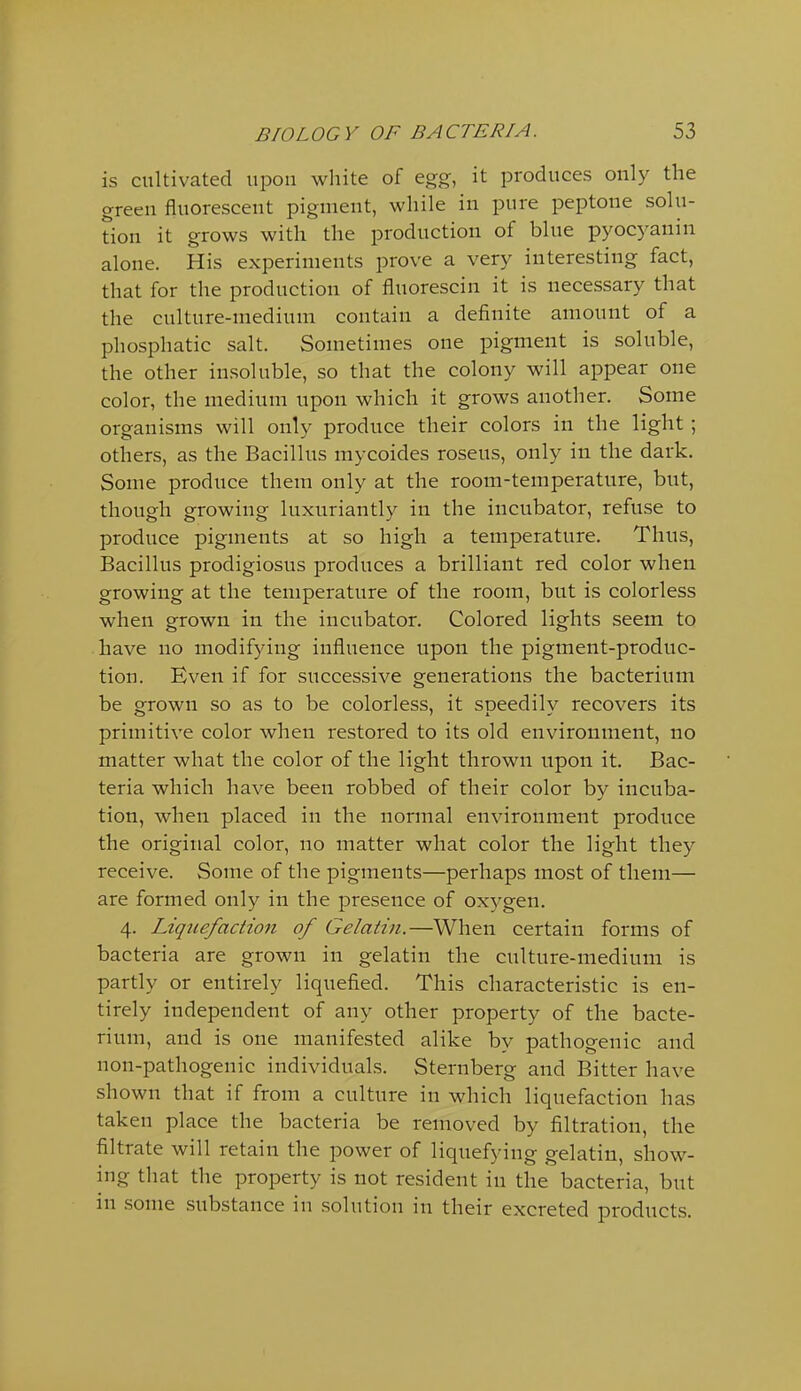 is cultivated upon white of egg, it produces only the green fluorescent pigment, while in pure peptone solu- tion it grows with the production of blue pyocyanin alone. His experiments prove a very interesting fact, that for the production of fluorescin it is necessary that the culture-medium contain a definite amount of a phosphatic salt. Sometimes one pigment is soluble, the other insoluble, so that the colony will appear one color, the medium upon which it grows another. Some organisms will only produce their colors in the light ; others, as the Bacillus mycoides roseus, only in the dark. Some produce them only at the room-temperature, but, though growing luxuriantly in the incubator, refuse to produce pigments at so high a temperature. Thus, Bacillus prodigiosus produces a brilliant red color when growing at the temperature of the room, but is colorless when grown in the incubator. Colored lights seem to have no modifying influence upon the pigment-produc- tion. Even if for successive generations the bacterium be grown so as to be colorless, it soeedilv recovers its primitive color when restored to its old environment, no matter what the color of the light thrown upon it. Bac- teria which have been robbed of their color by incuba- tion, when placed in the normal environment produce the original color, no matter what color the light they receive. Some of the pigments—perhaps most of them— are formed only in the presence of oxygen. 4. Liqiiefaction of Gelatin.—When certain forms of bacteria are grown in gelatin the culture-medium is partly or entirely liquefied. This characteristic is en- tirely independent of any other property of the bacte- rium, and is one manifested alike by pathogenic and non-pathogenic individuals. Sternberg and Bitter have shown that if from a culture in which liquefaction has taken place the bacteria be removed by filtration, the filtrate will retain the power of liquefying gelatin, show- ing that the property is not resident in the bacteria, but in some substance in solution in their excreted products.