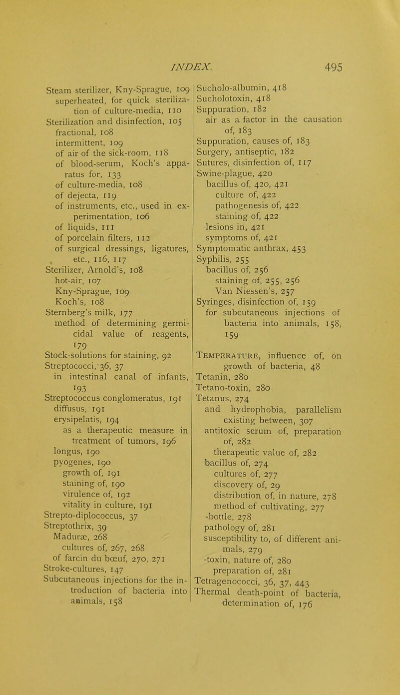 Steam sterilizer, Kny-Sprague, 109 superheated, for quick steriliza- tion of culture-media, no Sterilization and disinfection, 105 fractional, 108 intermittent, 109 of air of the sick-room, 118 of blood-serum, Koch's appa- ratus for, 133 of culture-media, 108 of dejecta, 119 of instruments, etc., used in ex- perimentation, 106 of liquids, in of porcelain filters, 112 of surgical dressings, ligatures, etc., 116, 117 Sterilizer, Arnold's, 108 hot-air, 107 Kny-Sprague, 109 Koch's, 108 Sternberg's milk, 177 method of determining germi- cidal value of reagents, 179 Stock-solutions for staining, 92 Streptococci, 36, 37 in intestinal canal of infants, 193 Streptococcus conglomeratus, 191 diffusus, 191 erysipelatis, 194 as a therapeutic measure in treatment of tumors, 196 longus, 190 pyogenes, 190 growth of, 191 staining of, 190 virulence of, 192 vitality in culture, 191 Strepto-diplococcus, 37 Streptothrix, 39 Madurae, 268 cultures of, 267, 268 of farcin du boeuf, 270, 271 Stroke-cultures, 147 Subcutaneous injections for the in- troduction of bacteria into animals, 158 Sucholo-albumin, 418 Sucholotoxin, 418 Suppuration, 182 air as a factor in the causation of. 183 Suppuration, causes of, 183 Surgery, antiseptic, 182 Sutures, disinfection of, n7 Swine-plague, 420 bacillus of, 420, 421 culture of, 422 pathogenesis of, 422 staining of, 422 lesions in, 421 symptoms of, 421 Symptomatic anthrax, 453 Syphilis, 255 bacillus of, 256 staining of, 255, 256 Van Niessen's, 257 Syringes, disinfection of, 159 for subcutaneous injections of bacteria into animals, 158, 159 Temperature, influence of, on growth of bacteria, 48 Tetanin, 280 Tetano-toxin, 280 Tetanus, 274 and hydrophobia, parallelism existing between, 307 antitoxic serum of, preparation of, 282 therapeutic value of, 282 bacillus of, 274 cultures of, 277 discovery of, 29 distribution of, in nature, 278 method of cultivating, 277 -bottle, 278 pathology of, 281 susceptibility to, of different ani- mals, 279 -toxin, nature of, 280 preparation of, 281 Tetragenococci, 36, 37, 443 Thermal death-point of bacteria, determination of, 176