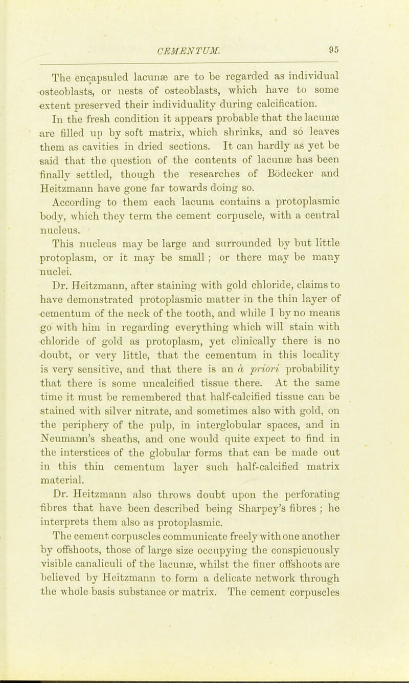 The encapsuled lacunje are to be regarded as individual osteoblasts, or nests of osteoblasts, which have to some extent preserved their individuality during calcification. In the fresh condition it appears probable that the lacunm are filled up by soft matrix, which shrinks, and so leaves them as cavities in dried sections. It can hardly as yet be said that the question of the contents of lacunse has been finally settled, though the researches of Bbdecker and Heitzmann liave gone far towards doing so. According to them each lacuna contains a protoplasmic body, which they term the cement corpuscle, with a central nucleus. This nucleus may be large and surrounded by but little protoplasm, or it may be small ; or there may be many nuclei. Dr. Heitzmann, after staining with gold chloride, claims to have demonstrated protoplasmic matter in the thin layer of cementum of the neck of the tooth, and wliile I by no means go with him in regarding everything which will stain with chloride of gold as protoplasm, yet clinically there is no doubt, or very little, that the cementum in this locality is very sensitive, and that there is an a priori probability that there is some uncalcified tissue there. At the same time it must be remembered that half-calcified tissue can be stained with silver nitrate, and sometimes also with gold, on the peripheiy of the pulp, in interglobular spaces, and in Neumaim’s sheaths, and one would quite expect to find in the intei'stices of the globular forms that can be made out in this thin cementum layer such half-calcified matrix material. Dr. Heitzmann also throws doubt upon the perforating fibres that have been desci'ibed being Sharpey’s fibres; he interprets them also as protoplasmic. The cement corpuscles communicate freely with one another by offshoots, those of large size occupying the conspicuously visible canaliculi of the lacuna;, whilst the finer offshoots are believed l)y Heitzmann to form a delicate network through the whole basis substance or matrix. The cement corpuscles