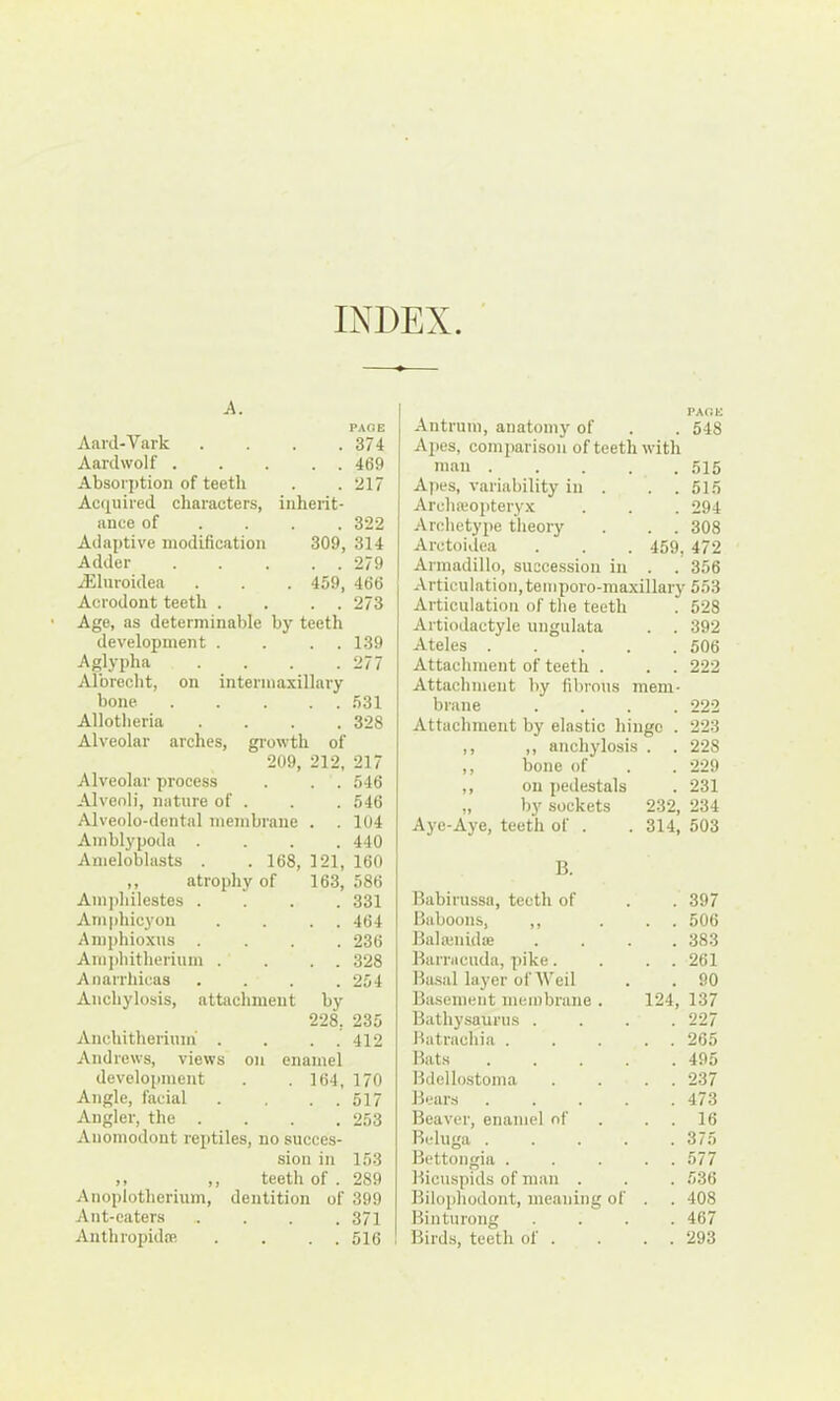 INDEX A. Aard-Vark . . . . Aardwolf ... . . Absori>tion of teeth Ac(iuired characters, inherit- ance of ... . Adaptive modification 309, Adder iEluroidea . . . 459, Acrodont teeth . . . . Age, as determinable by teeth development . . . . Aglypha .... Albrecht, on intermaxillary bone Allotheria .... Alveolar arches, growth of 209, 212, Alveolar process Alveoli, nature of . Alveolo-dental membrane . . Amblypoda .... Ameloblasts . . 168, 121, ,, atrophy of 163, Amidiilestes .... Amphicyon . . . . Amphioxus .... Amphitheriuin . . . . Anarrhicas .... Anchylosis, attechment by 228, Anchitherium' . . . . Andrews, views on enamel development . .164, Angle, facial . . . . Angler, the .... Anomodont reptiles, no succes- sion in ,, ,, teeth of . Anoplotherium, dentition of Ant-eaters .... Anthropid.'E . . . . PAGE Antrum, anatomy of . . 548 Ai>es, comparison of teeth with man 515 Apes, variability in . . . 515 Archaiopteryx . . . 294 Archetype theory . . . 308 Arctoidea . . . 459, 472 Armadillo, succe.ssion in . . 356 Articulation, temporo-maxillaiy 553 Articulation of the teeth . 528 Artiodactyle ungulata . . 392 Ateles 506 Attachment of teeth . . . 222 Attachment by fibrous mem- brane .... 222 Attachment by elastic hinge . 223 ,, ,, anchylosis . . 228 ,, bone of . 229 ,, on pedestals . 231 „ ly sockets 232, 234 Aye-Aye, teeth of . 314, 503 B. Babirussa, teeth of . 397 Baboons, ,, . . 506 Balajnidce . 383 Barracuda, pike. . . 261 Ba.sal layer of Weil . 90 Ba.semeiit membrane . 124, 137 Bathysaurus . . 227 Batrachia . . . 265 Bats .... . 495 Bdellostoma . . 237 Bears .... . 473 Beaver, enamel of . . 16 Beluga .... . 375 Bettongia . . . 577 Bicuspids of man . . 536 Bilophodont, meaning of . . 408 Binturong . 467 Birds, teeth of . . . 293 PAOE 374 469 217 322 314 279 466 273 139 277 531 328 217 546 546 104 440 160 586 331 464 236 328 254 235 412 170 517 253 1.53 289 399 371 516