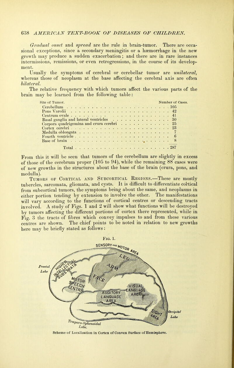 Gradual onset and spread are the rule in brain-tumor. There are occa- sional exceptions, since a secondary meningitis or a haemorrhage in the new growth may produce a sudden exacerbation; and there are in rare instances intermissions, remissions, or even retrogressions, in the course of its develop- ment. Usually the symptoms of cerebral or cerebellar tumor are unilateral, whereas those of neoplasm at the base affecting the cerebral axis are often bilateral. The relative frequency with which tumors affect the various parts of the brain may be learned from the following table: Site of Tumor. Cerebellum Pons Varolii Centrum ovale Basal ganglia and lateral ventricles . . Corpora quadrigemina and crura cerebri Cortex cerebri Medulla oblongata Fourth ventricle Base of brain Number of Cases. ... 105 . . . 42 . . . 41 ... 30 ... 25 ... 23 . . . 7 . . . 6 . . . 8 Total 287 From this it will be seen that tumors of the cerebellum are slightly in excess of those of the cerebrum proper (105 to 94), while the remaining 88 cases were of new growths in the structures about the base of the brain (crura, pons, and medulla). Tumors of Cortical and Subcortical Regions.—These are mostly tubercles, sarcomata, gliomata, and cysts. It is difficult to differentiate cortical from subcortical tumors, the symptoms being about the same, and neoplasms in either portion tending by extension to involve the other. The manifestations will vary according to the functions of cortical centres or descending tracts involved. A study of Figs. 1 and 2 will show what functions will be destroyed by tumors affecting the different portions of cortex there represented, while in Fig. 3 the tracts of fibres which convey impulses to and from these various centres are shown. The chief points to be noted in relation to new growths here may be briefly stated as follows: Fig. 1. Scheme of Localization in Cortex of Convex Surface of Hemisphere.