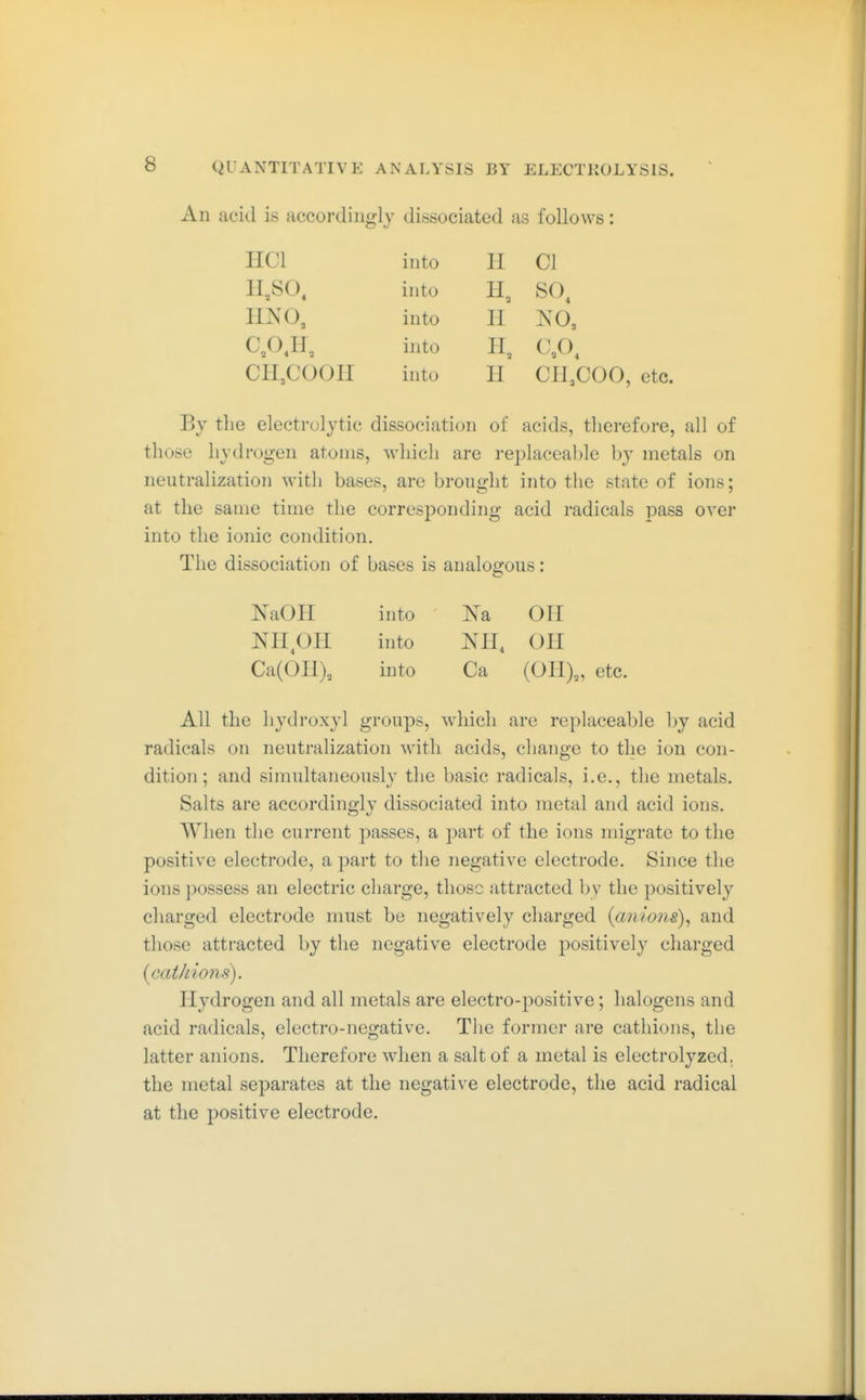 An acid is accordingly dissociated as follows: HCl into H CI 11,80. into SO, IINO3 into 11 K03 C,0,H, into H, 0,0, CH3COOII into H C1I,C00, etc. By the electrolytic dissociation of acids, therefore, all of those hydrogen atoms, which are replaccal)le by metals on neutralization with bases, are brought into the state of ions; at the same time the corresponding acid radicals pass over into the ionic condition. The dissociation of bases is analogous: XaOH into Oil N11,01I into NH, Oil Ca(OlI), into Ca (Oil),, etc. All the hydroxyl groups, which are replaceable by acid radicals on neutralization with acids, change to the ion con- dition; and simultaneously the basic radicals, i.e., the metals. Salts are accordingly dissociated into metal and acid ions. When the current passes, a part of the ions migrate to the positive electrode, a part to the iiegative electrode. Since the ions ])ossess an electric charge, those attracted by the positively charged electrode must be negatively charged {anions)^ and those attracted by the negative electrode positively charged {pat/lions). Hydrogen and all metals are electro-j^ositive; halogens and acid radicals, electro-negative. The former are cathions, the latter anions. Therefore when a salt of a metal is electrolyzed. the metal separates at the negative electrode, the acid radical at the positive electrode.