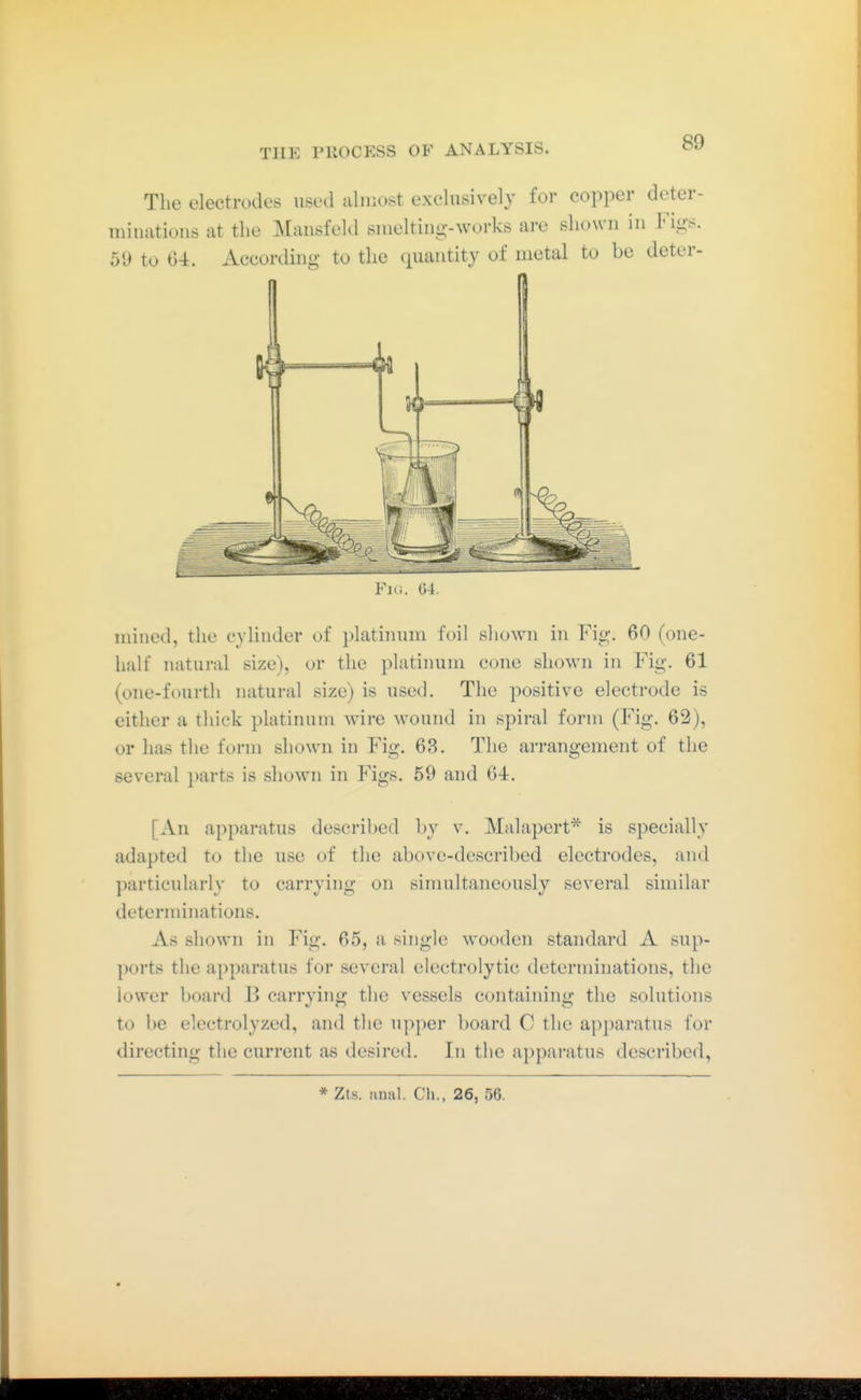 The electrodes used almost exclusively for copper deter- minations at the Maiisfekl snieltiiig-works are shown in Fi«?s. 59 to 64. According to the quantity of metal to be deter- mined, the cylinder of platinum foil shown in Fig. 60 (one- half natural size), or the platinum cone shown in Fig. 61 (one-fourth natural size) is used. The positive electrode is either a thick platinum wire wound in spiral form (Fig. 62), or has the form shown in Fig. 63. The arrangement of the several parts is shown in Figs. 59 and 64. [An apparatus described by v. Malapert* is specially adapted to the use of the above-described electrodes, and ])articularly to carrying on simultaneously several similar determinations. As shown in Fig. 65, a single wooden standard A sup- ports the apparatus for several electrolytic determinations, the lower board B carrying the vessels containing the solutions to be electrolyzed, and the upper l)oard C the ai)paratus for directing the current as desired. In the apparatus described. * Zts. iinul. Ch., 26, 56.