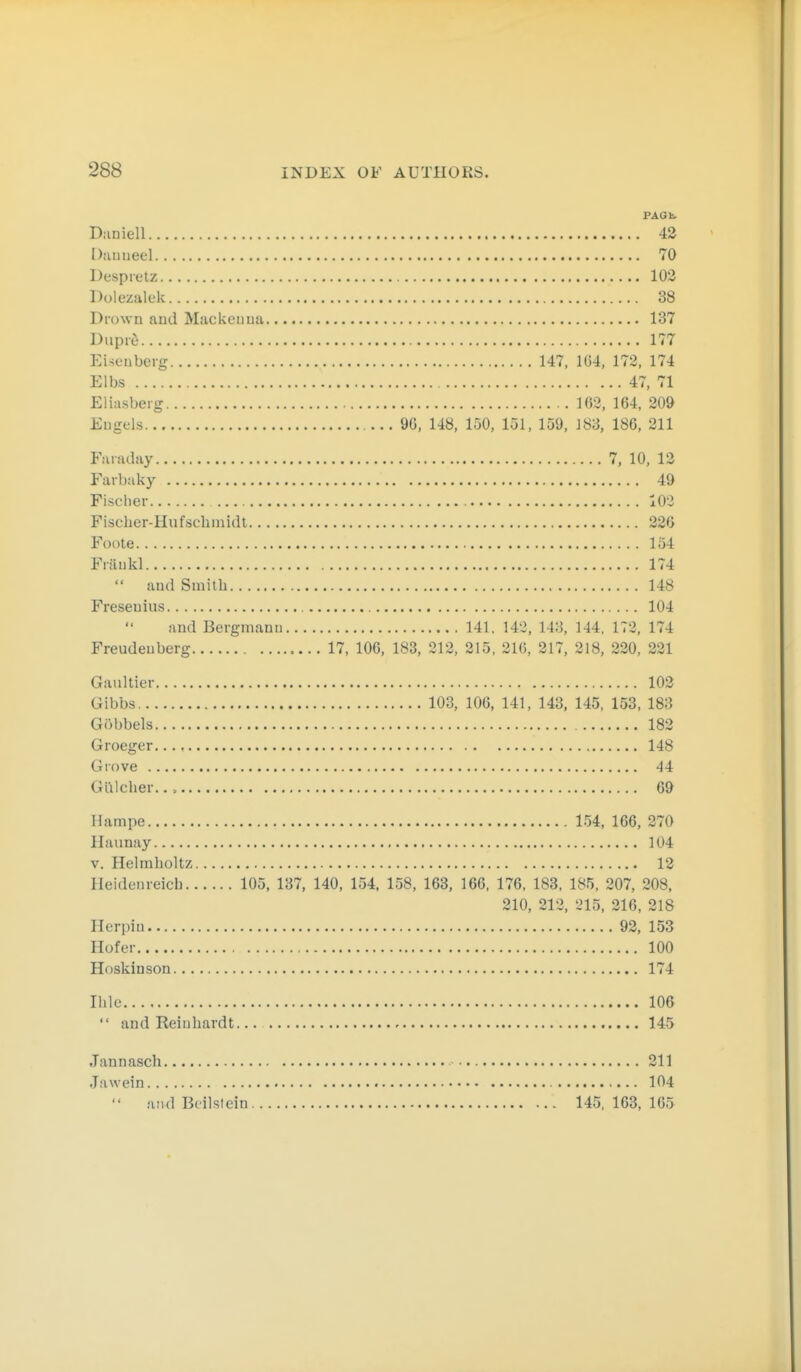 PAGfc. Daniell 42 Duuneel 70 Despretz 103 Dulezalek 38 Drown and Mackemia 137 Diipiö 177 Eisenberg 147, 1G4, 172, 174 Elbs 47, 71 Eliasberg 162, 164, 209 Eugels 96, 148, 150, 151, 159, 183, 186, 211 Fiuaday 7, 10, 12 Farbaky 49 Fischer 102 Fiscber-Hufschmidl 226 Foote 154 Frilukl 174  and Smith 148 Fresenius 104 and Bergmann 141. 142, 143, 144, 172, 174 Freudenberg 17, 106, 183, 212, 215, 216, 217, 218, 220, 221 Gaultier 103 Gibbs 103, 106, 141, 143, 145, 153, 183 Gübbels 182 Groeger..., 148 Grove 44 Gill eher... 69 Hampe 154, 166, 270 llaunay 104 V. Helmboltz 12 Heiden reich 105, 137, 140, 154. 158, 163, 166, 176, 183, 185, 207, 208, 210, 212, 215, 316, 218 Herpiu 92, 153 Hof er 100 Hoskiason 174 Ihle 106  and Reinhardt 145 .Tannasch 211 Jawein 104  and Beilstein 145. 163, 165