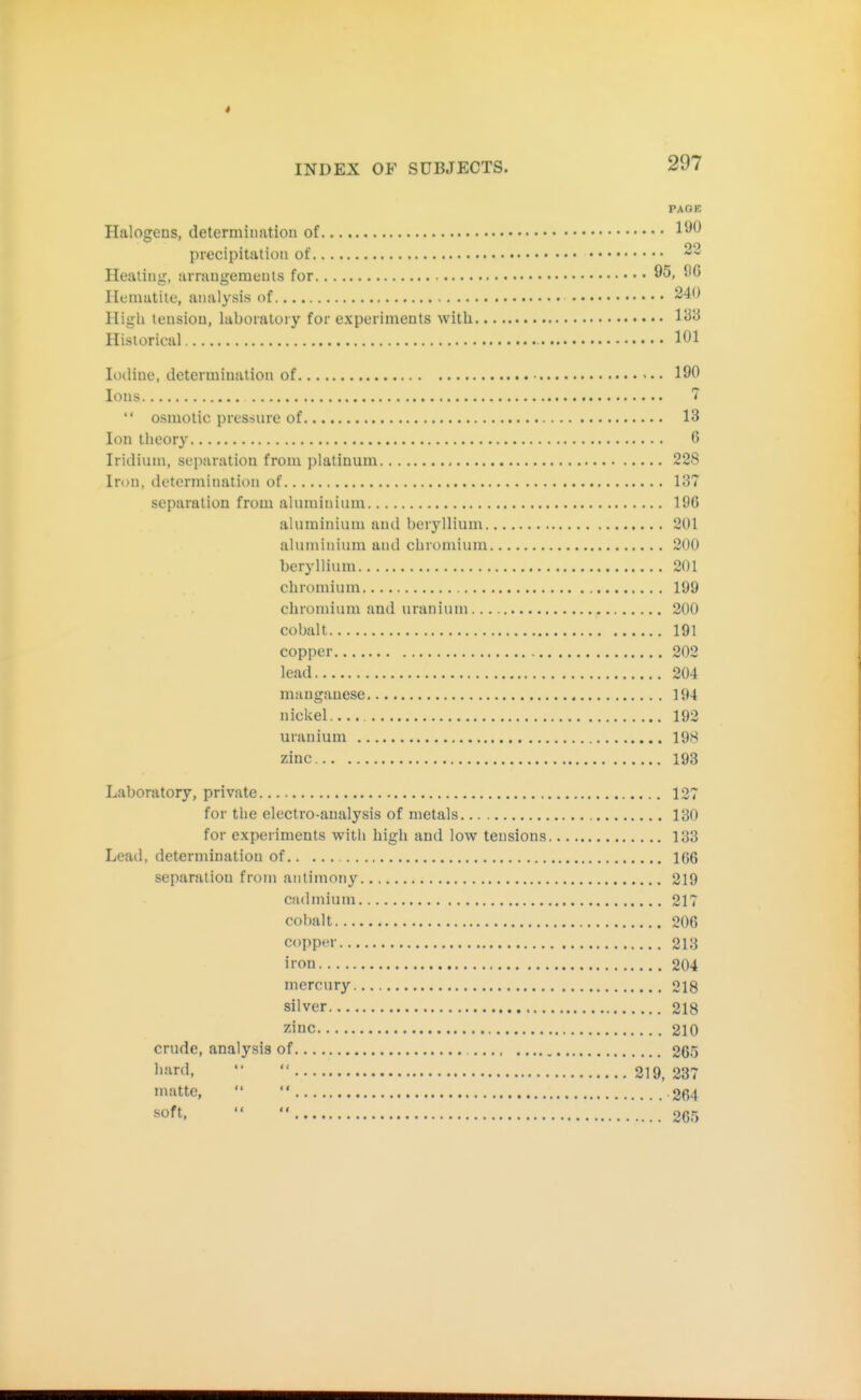 * INDEX OF SUBJECTS. 297 PAGE Halogens, determinatiou of precipitation of Healing, uirangements for 95, 96 Hematite, analysis of 240 High tension, laboratory for experiments with 133 Historical 101 Iodine, determination of • • • 190 Ions I  osmotic pressure of 13 Ion theory 6 Iridium, separation from platinum 228 Iron, determination of 137 separation from aluminium 196 aluminium and beryllium 201 aluminium and chromium 200 beryllium 201 chromium 199 chronnum and uranium 200 cobalt 191 copper 202 lead 204 manganese 194 nickel. 192 uranium 198 zinc 193 Laboratory, private 127 for the electro-analysis of metals 130 for experiments with high and low tensions 133 Lead, determination of 166 separation from antimony 219 cadmium 217 cobalt 206 copper 213 iron 204 mercury 218 silver 218 zioc 210 crude, analysis of 265 l''ir(l.   219, 237 matte,   264 soft.   265