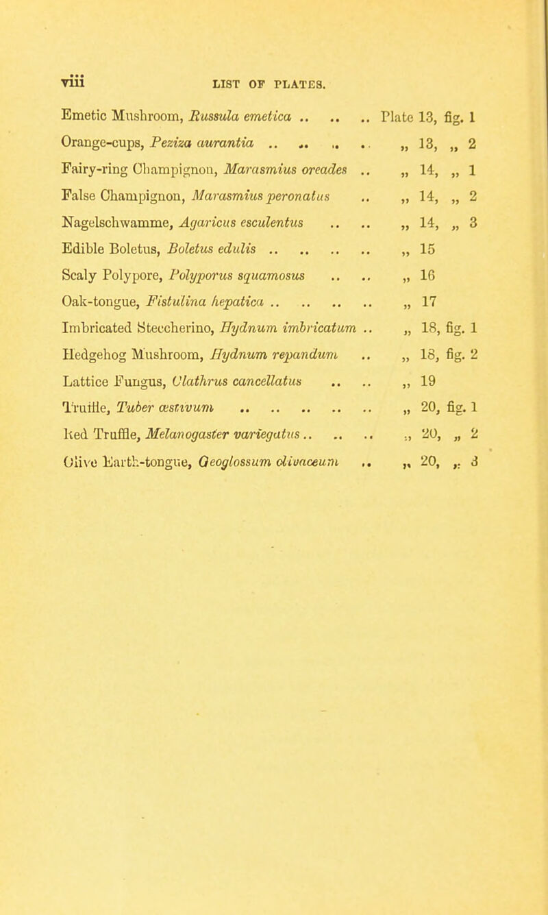 Emetic Mushroom, Emsula emetica Plate 13, fig. 1 Orange-cups, Feziza aurantia .. „ 13, „ 2 Fairy-ring Cbampignon, JfajYzsmiMS ormc?es .. „ 14, „ 1 False Champignon, i/arasmzws ^erowa<«s ,. „ 14, „ 2 Nagelschwamme, Agaricus esculentus ,. .. „ 14, „ 3 Edible Boletus, Boletus edulis ,,15 Sca,\y ¥o\yipoie, Polyporus squamosus .. .. „ 16 Oak-tongue, Fistulina hepatiai „ 17 Imbricated Steccherino, Hydnum imhricatum .. „ 18, fig. 1 Hedgehog Mushroom, Hydnum repandum .. „ 18, fig. 2 Lattice Fungus, Clathrus cancellatus .. .. ,,19 TrutUe, Tuber cestivum „ 20, fig. 1 \\e6.Tx\iSie, Melanogaster variegatm., .. .. ., 20, „ 2