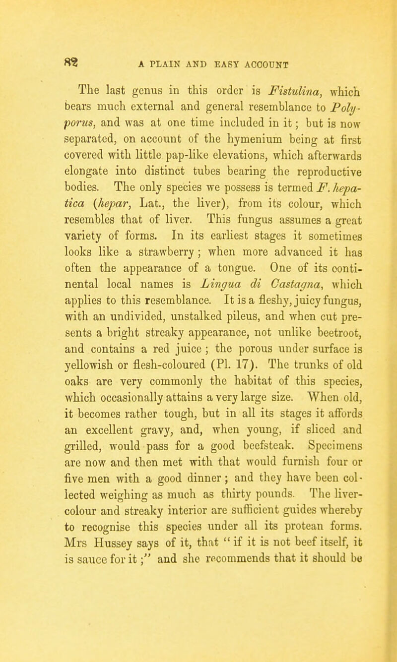 The last genus in this order is Fistulina, which bears much external and general resemblance to Poly- porus, and was at one time included in it; but is now separated, on account of the hymenium being at first covered with little pap-like elevations, which afterwards elongate into distinct tubes bearing the reproductive bodies. The only species we possess is termed F. hepa- tica {hepar, Lat., the liver), from its colour, which resembles that of liver. This fungus assumes a great variety of forms. In its earliest stages it sometimes looks like a strawberry ; when more advanced it has often the appearance of a tongue. One of its conti- nental local names is Lingua di Gastagna^ which applies to this resemblance. It is a fleshy, juicy fungus, with an undivided, unstalked pileus, and when cut pre- sents a bright streaky appearance, not unlike beetroot, and contains a red juice ; the porous under surface is yellowish or flesh-coloured (PI. 17). The trunks of old oaks are very commonly the habitat of this species, which occasionally attains a very large size. When old, it becomes rather tough, but in all its stages it affords an excellent gravy, and, when young, if sliced and grilled, would pass for a good beefsteak. Specimens are now and then met with that would furnish four or five men with a good dinner; and they have been col - lected weighing as much as thirty pounds. The liver- colour and streaky interior are sufficient guides whereby to recognise this species under all its protean forms. Mrs Hussey says of it, that  if it is not beef itself, it is sauce for itand she rscommends that it should b«