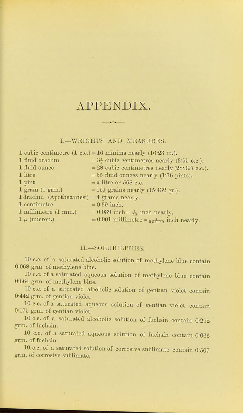APPENDIX. I.—WEIGHTS AND MEASUEES. 1 cubic centimetre (1 c.c.) = 16 minims nearly (16-23 m.). 1 fluid drachm = 3^ cubic centimetres nearly (3-55 c.c). 1 fluid ounce = 28 cubic centimetres nearly (28-397 c.c). 1 litre =35 fluid cnmces nearly (1*76 pints). 1 pint = $ litre or 568 c.c. 1 gram (1 grm.) = 15^ grains nearly (15-432 gr.). 1 drachm (Apothecaries') = 4 grams nearly. 1 centimetre = G39 inch. 1 millimetre (1 mm.) = 0039 inch = ^ inch nearly. 1 jx (micron.) = O001 millimetre = sinhn> inch nearly. II.—SOLUBILITIES. 10 c.c. of a saturated alcoholic solution of methylene blue contain 0-068 grm. of methylene blue. 10 c.c. of a saturated aqueous solution of methylene blue contain 0-664 grm. of methylene blue. 10 c.c. of a saturated alcoholic solution of gentian violet contain 0-442 grm. of gentian violet. 10 c.c of a saturated aqueous solution of gentian violet contain 0-175 grm. of gentian violet. 10 c.c. of a saturated alcoholic solution of fuchsin contain 0-292 grm. of fuchsin. 10 c.c. of a saturated aqueous solution of fuchsin contain 0-066 grm. of fuchsin. 10 c.c. of a saturated solution of corrosive sublimate contain 0-507 grm. of corrosive sublimate.