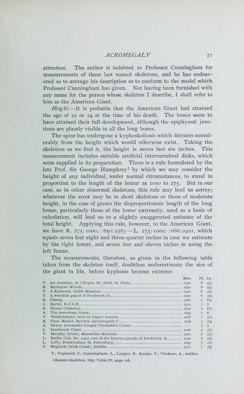 attention. The author is indebted to Professor Cunningham for measurements of these last named skeletons, and he has endeav- ored so to arrange his description as to conform to the model which Professor Cunningham has given. Not having been furnished with any name for the person whose skeleton I describe, I shall refer to him as the American Giant. Height.—It is probable that the American Giant had attained the age of 22 or 24 at the time of his death. The bones seem to have attained their full development, although the epiphyseal junc- tions are plainly visible in all the long bones. The spine has undergone a kyphoskoliosis which detracts consid- erably from the height which would otherwise exist. Taking the skeletion as we find it, the height is seven feet six inches. This measurement includes suitable artificial intervertebral disks, which were supplied in its preparation. There is a rule formulated by the late Prof. Sir George Humphrey1 by which we may consider the height of any individual, under normal circumstances, to stand in proportion to the length of the femur as 1000 to 275. But in our case, as in other abnormal skeletons, this rule may lead us astray; whatever the error may be in short skeletons or those of moderate height, in the case of giants the disproportionate length of the long bones, particularly those of the lower extremity, used as a basis of calculation, will lead us to a slightly exaggerated estimate of the total height. Applying this rule, however, to the American Giant, we have R. 275:1000: -.650:2363— L. 275:1000: -.666:2421, which equals seven feet eight and three-quarter inches in case we estimate by the right femur, and seven feet and eleven inches in using the left femur. The measurements, therefore, as given in the following table taken from the skeleton itself, doubtless underestimate the size of the giant in life, before kyphosis became extreme. Mm. Ft. In. T. An Austrian, de l'Expos. Sc. Auth. de Paris 2550 8 4^ R. Marianne Wehde 2550 8 4% T. A Kalmuck, Orfila Museum 2530 8 $14 T. A Swedish guard of Frederick II 2520 8 $'/» R. Chang 2360 7 8& C. Byrne, R.CS.E 2310 7 7 R. Drasal (Olmutz) 2300 7 6J4 A. The American Giant 2295 7 6 V. Winkelmeier, born in Upper Austria '. 2278 7 5% R. Thos. Hasler, Bavaria (acromegalic ?) 2270 7 iVt A. Henry Alexander Cooper (Yorkshire Giant) 7 5 I,. Innsbruck Giant 2226 7 $Y% V. Murphy (Irish), Marseilles Museum 2220 7 3H L. Berlin (Cat. No. 3040), one of the famous guards of Frederick II 2220 7 2yz L. I^olly, Pomeranian, St. Petersburg 2195 7 2% C Magrath (Irish Giant), Dublin .- 2177 7 2% T., Topinard; C, Cunningham; L., danger; R., Ranke; V., Virchow; A., Author. 1 Human Skeleton, 1858, Table IV, page 108.