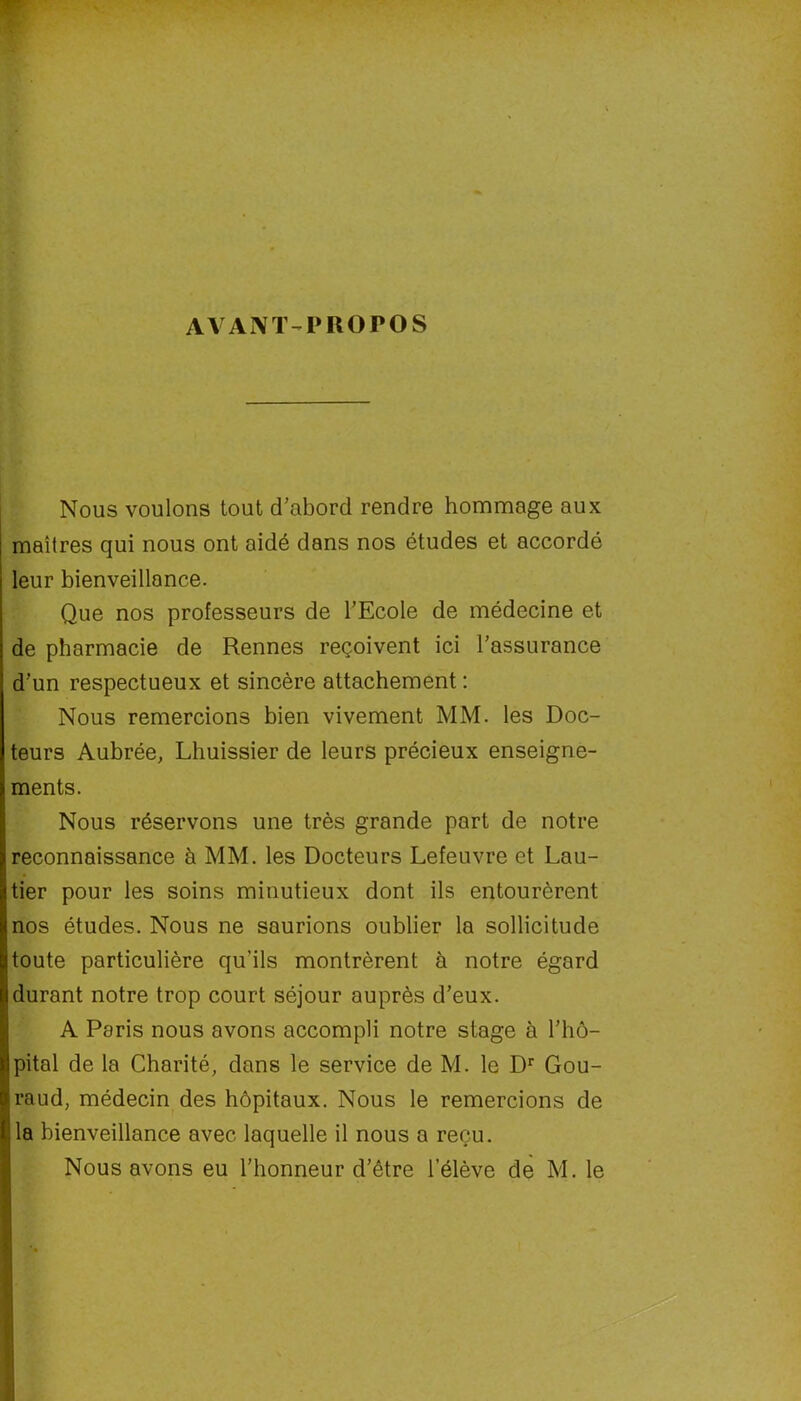 AVANT-PROPOS Nous voulons tout d’abord rendre hommage aux maîtres qui nous ont aidé dans nos études et accordé leur bienveillance. Que nos professeurs de l’Ecole de médecine et de pharmacie de Rennes reçoivent ici l’assurance d’un respectueux et sincère attachement : Nous remercions bien vivement MM. les Doc- teurs Aubrée, Lhuissier de leurs précieux enseigne- ments. Nous réservons une très grande part de notre reconnaissance à MM. les Docteurs Lefeuvre et Lau- tier pour les soins minutieux dont ils entourèrent nos études. Nous ne sourions oublier la sollicitude toute particulière qu’ils montrèrent à notre égard durant notre trop court séjour auprès d’eux. A Paris nous avons accompli notre stage à l’hô- pital de la Charité, dans le service de M. le Dr Gou- raud, médecin des hôpitaux. Nous le remercions de la bienveillance avec laquelle il nous a reçu. Nous avons eu l’honneur d’être l’élève de M. le