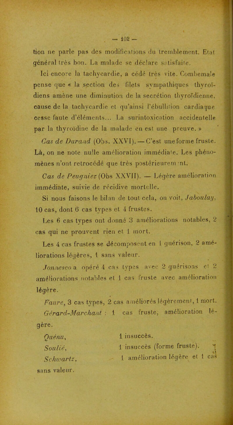 tion ne parle pas des modifications du tremblement. Etal général très bon. La malade se déclare satisfaite. Ici encore la tachycardie, a cédé très vite. Combema'e pense que « la section des blets sympathiques thyroï- diens amène une diminution de la secrétion thyroïdienne, cause de la tachycardie et qu’ainsi l'ébullition cardiaque cesse faute d’éléments... La surintoxication accidentelle par la thyroïdine de la malade en est une preuve. » Cas de Durand (Obs, XXVI). — C’est une forme fruste. Là, on ne note nulle amélioration immédiate. Les phéno- mènes n’ont rétrocédé que très postérieurem rnt. Cas de Peuçjniez {Obs XXVII). — Légère amélioration immédiate, suivie de récidive mortelle. Si nous faisons le bilan de tout cela, on voit, Jaboulay, 10 cas, dont 6 cas types et 4 frustes. Les 6 cas types ont donné 3 améliorations notables, 2 cas qui ne prouvent rien et 1 mort. Les 4 cas frustes se décomposent en L guérison, 2 amé- liorations légères, 1 sans valeur. Jon/iesco a opéré 4 cas types avec 2 guérisons et 2 améliorations notables et J cas fruste avec amélioration légère. Faure, 3 cas types, 2 cas améliorés légèrement, 1 mort. Gèrard-Marchant : 1 cas fruste, amélioration lé- gère. Quèrui, 1 insuccès. Soulié, 1 insuccès (forme fruste). 1 Schwartz, 1 amélioration légère et 1 cas sans valeur.