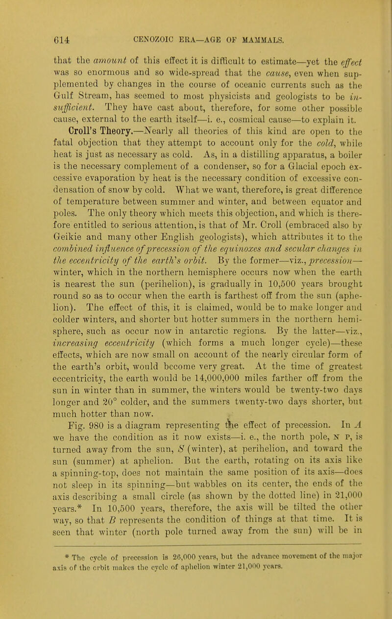 that the amount of this effect it is difficult to estimate—yet the effect was so euormous and so wide-spread that the cause, even when sup- plemented by changes in the course of oceanic currents such as the Gulf Stream, has seemed to most physicists and geologists to be in- S7ifficient. They have cast about, tlierefore, for some other possible cause, external to the earth itself—i. e., cosmical cause—to explain it. CroU's Theory.—Nearly all theories of this kind are open to the fatal objection that they attempt to account only for the cold, while heat is just as necessary as cold. As, in a distilling apparatus, a boiler is the necessary complement of a condenser, so for a Glacial epoch ex- cessive evaporation by heat is the necessary condition of excessive con- densation of snow by cold. What we want, therefore, is great difference of temjJerature between summer and winter, and between equator and poles. The only theory which meets this objection, and which is there- fore entitled to serious attention, is that of Mr. Croll (embraced also by Geikie and many other English geologists), which attributes it to the coinbmed influence of precession of the equinoxes and secular changes in the eccentricity of the earths orhit. By the former—precession— winter, which in the northern hemisphere occurs now when the earth is nearest the sun (perihelion), is gradually in 10,500 years brought round so as to occur when the earth is farthest off from the sun (aphe- lion). The effect of this, it is claimed, would be to make longer and colder winters, and shorter but hotter summers in the northern hemi- sphere, such as occur now in antarctic regions. By the latter—viz., increasing eccentricity (which forms a much longer cycle)—these effects, which are now small on account of the nearly circular form of the earth's orbit, would become very great. At the time of greatest eccentricity, the earth would be 14,000,000 miles farther off from the sun in winter than in summer, the winters would be twenty-two days longer and 20° colder, and the summers twenty-two days shorter, but much hotter than now. Fig. 980 is a diagram representing tVie effect of precession. In A we have the condition as it now exists—i. e., the north pole, N P, is turned away from the sun, iS'(winter), at perihelion, and toward the sun (summer) at aphelion. But the earth, rotating on its axis like a spinning-top, does not maintain the same position of its axis—does not sleep in its spinning—but wabbles on its center, the ends of the axis describing a small circle (as shown by the dotted line) in 21,000 years.* In 10,500 years, therefore, the axis will be tilted the other way, so that B represents the condition of things at that time. It is seen that winter (north pole turned away from the sun) will be in * The cycle of precession is 26,000 years, but the advance movement of the major axis of the orbit malfcs the cycle of aphelion winter 21,000 years.