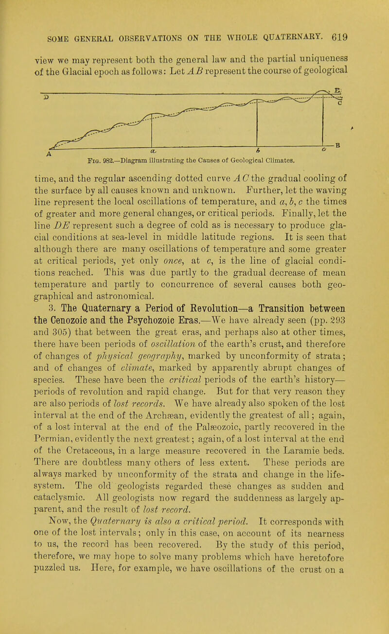 view we may represent both the general law and the partial uniqueness of the Glacial epoch as follows: Let AB represent the course of geological Pig. 982.—Diagram illustrating the Causes of Geological Climates. time, and the regular ascending dotted curve A C the gradual cooling of the surface by all causes known and unknown. Further, let the waving line represent the local oscillations of temperature, and a, b, c the times of greater and more general changes, or critical periods. Finally, let the line BB represent such a degree of cold as is necessary to produce gla- cial conditions at sea-level in middle latitude regions. It is seen that although there are many oscillations of temperature and some greater at critical periods, yet only once, at c, is the line of glacial condi- tions reached. This was due partly to the gradual decrease of mean temperature and partly to concurrence of several causes both geo- graphical and astronomical. 3. The Quaternary a Period of Revolution—a Transition between the Cenozoic and the Psychozoic Eras.—We have already seen (pp. 293 and 305) that between the great eras, and perhaps also at other times, there have been periods of oscillation of the earth's crust, and therefore of changes of physical geography, marked by unconformity of strata; and of changes of climate, marked by apparently abrupt changes of species. These have been the critical periods of the earth's history— periods of revolution and rapid change. But for that very reason they are also periods of lost records. We have already also spoken of the lost interval at the end of the Archaean, evidently the greatest of all; again, of a lost interval at the end of the Palseozoic, partly recovered in the Permian, evidently the next greatest; again, of a lost interval at the end of the Cretaceous, in a large measure recovered in the Laramie beds. There are doubtless many others of less extent. These periods are always marked by unconformity of the strata and change in the life- system. The old geologists regarded these changes as sudden and cataclysmic. All geologists now regard the suddenness as largely ap- parent, and the result of lost record. Now, the Quaternary is also a critical period. It corresponds with one of the lost intervals; only in this case, on account of its nearness to us, the record has been recovered. By the study of this period, therefore, we may hope to solve many problems which have heretofore puzzled us. Here, for example, we have osciUations of the crust on a